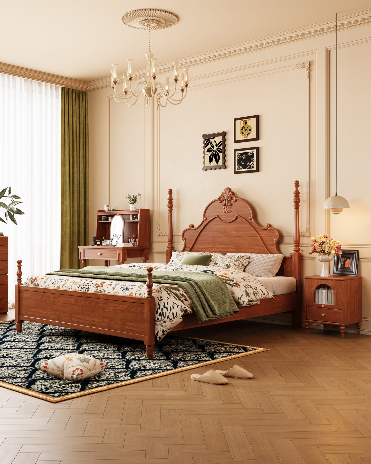 Mid-Century Rubberwood Bed – Brown / Black / Dark Walnut #312