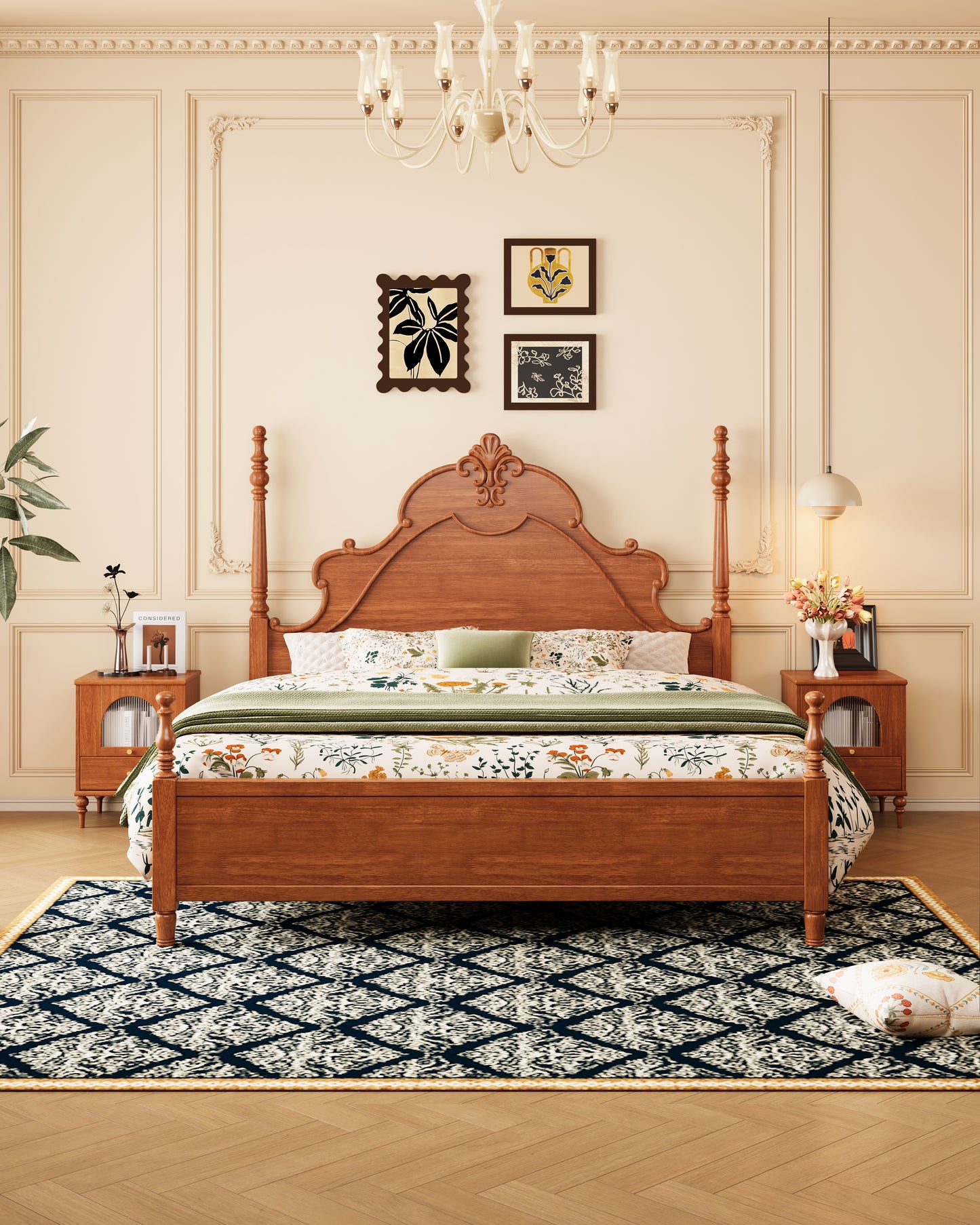Mid-Century Rubberwood Bed – Brown / Black / Dark Walnut #312