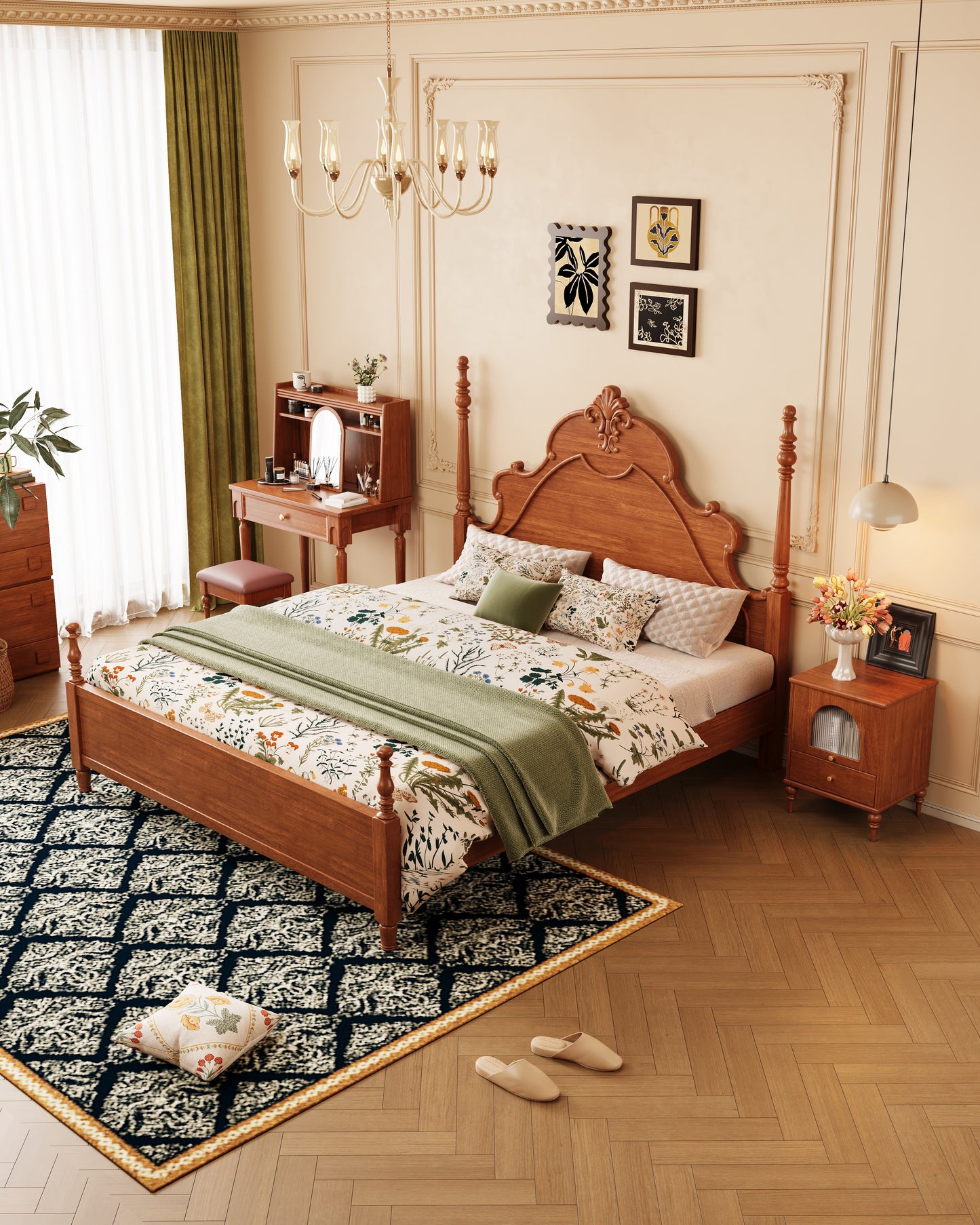 Mid-Century Rubberwood Bed – Brown / Black / Dark Walnut #312