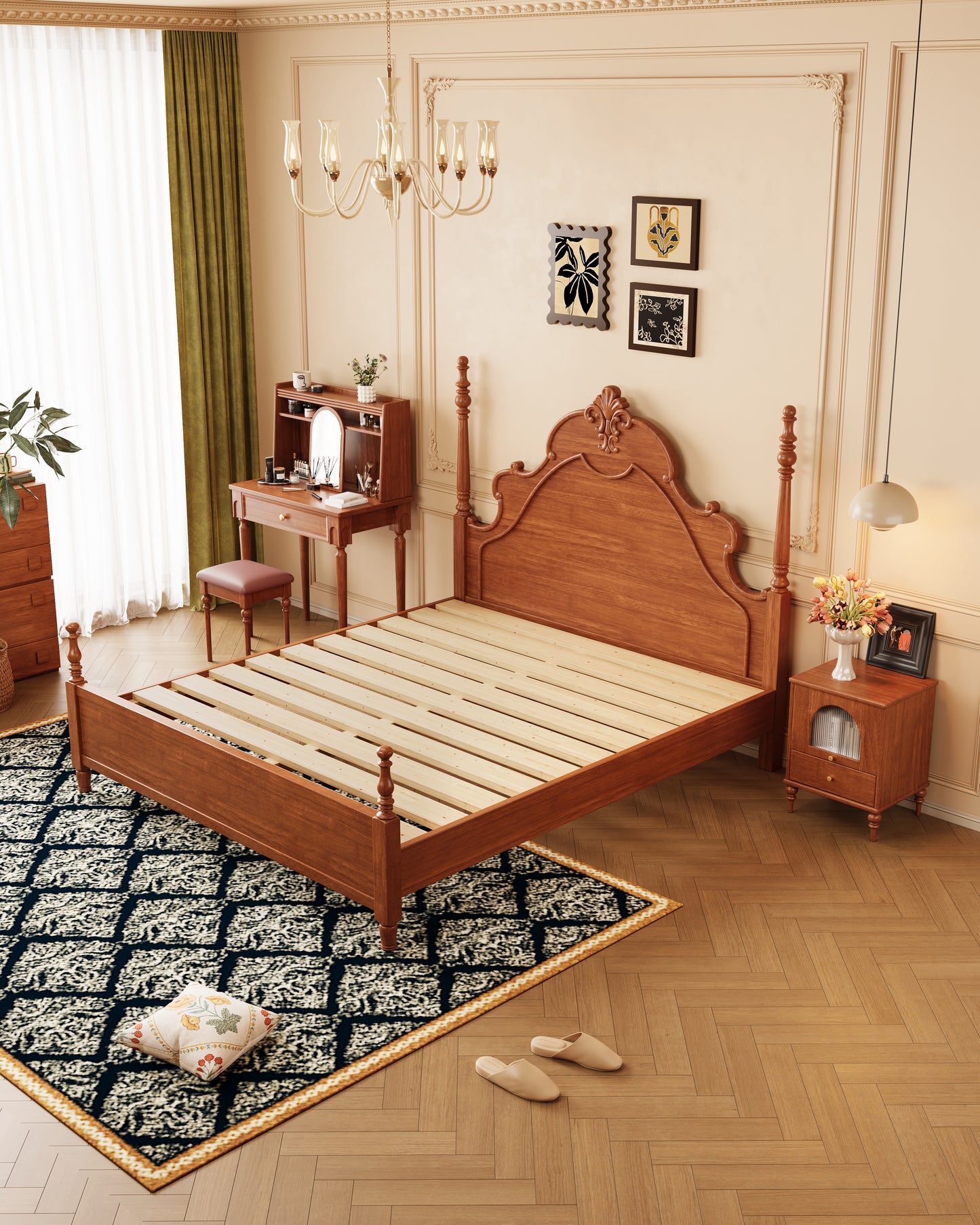 Mid-Century Rubberwood Bed – Brown / Black / Dark Walnut #312