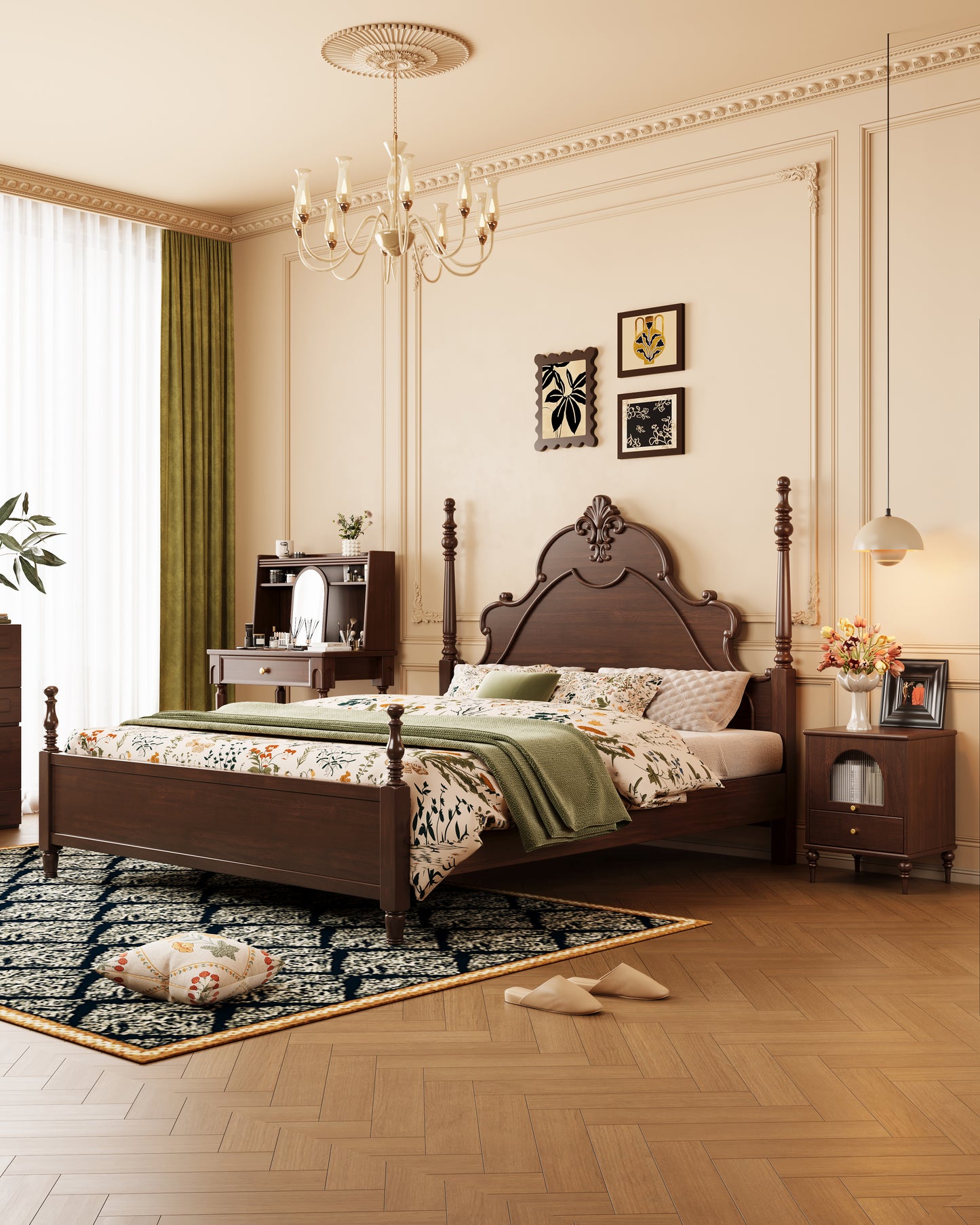 Mid-Century Rubberwood Bed – Brown / Black / Dark Walnut #312