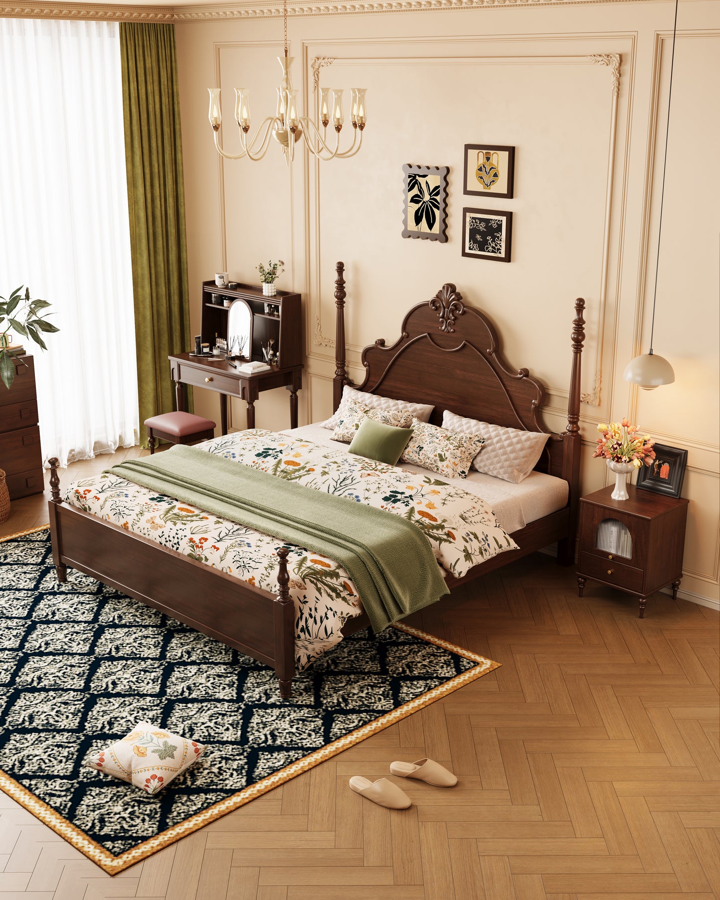Mid-Century Rubberwood Bed – Brown / Black / Dark Walnut #312