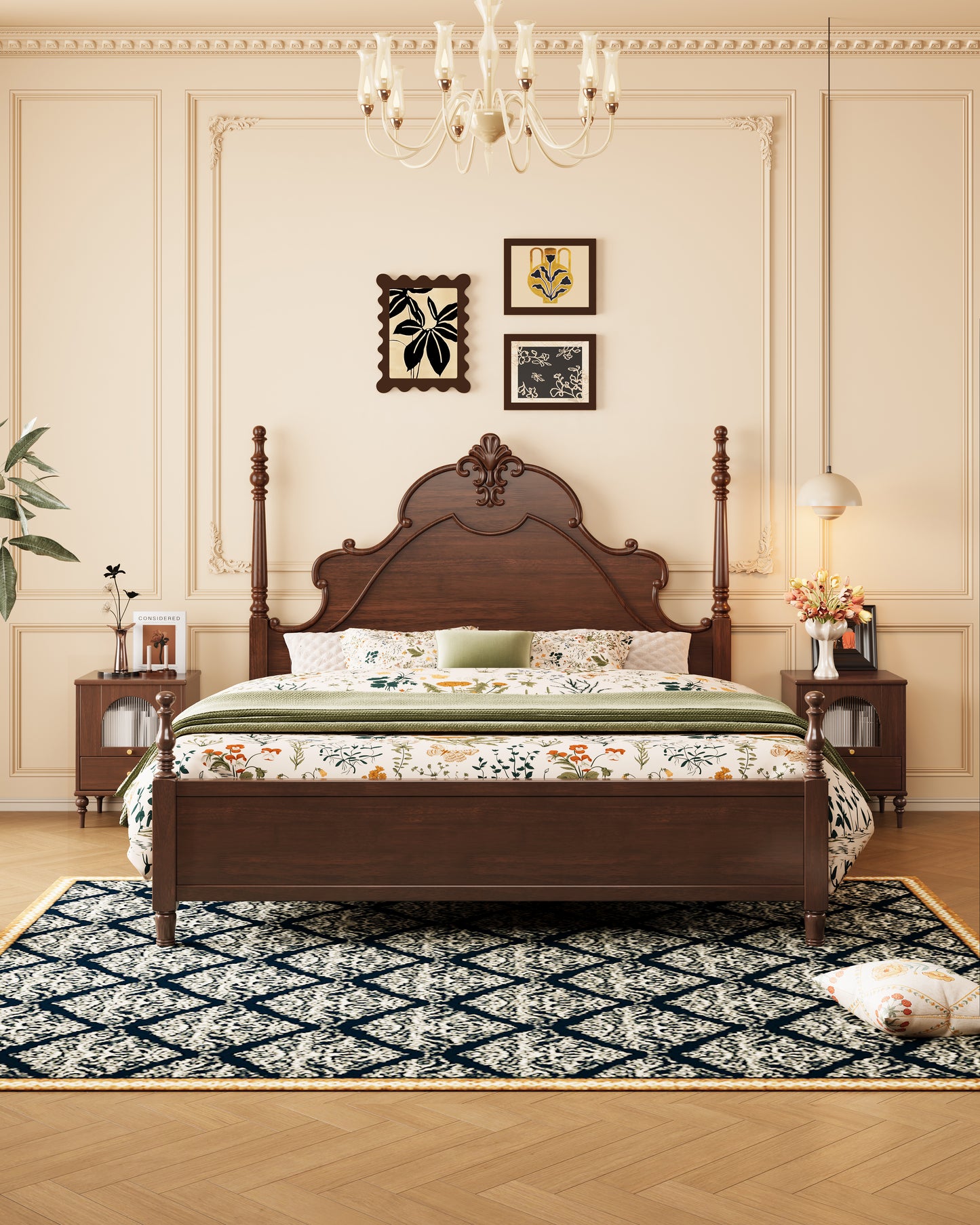Mid-Century Rubberwood Bed – Brown / Black / Dark Walnut #312