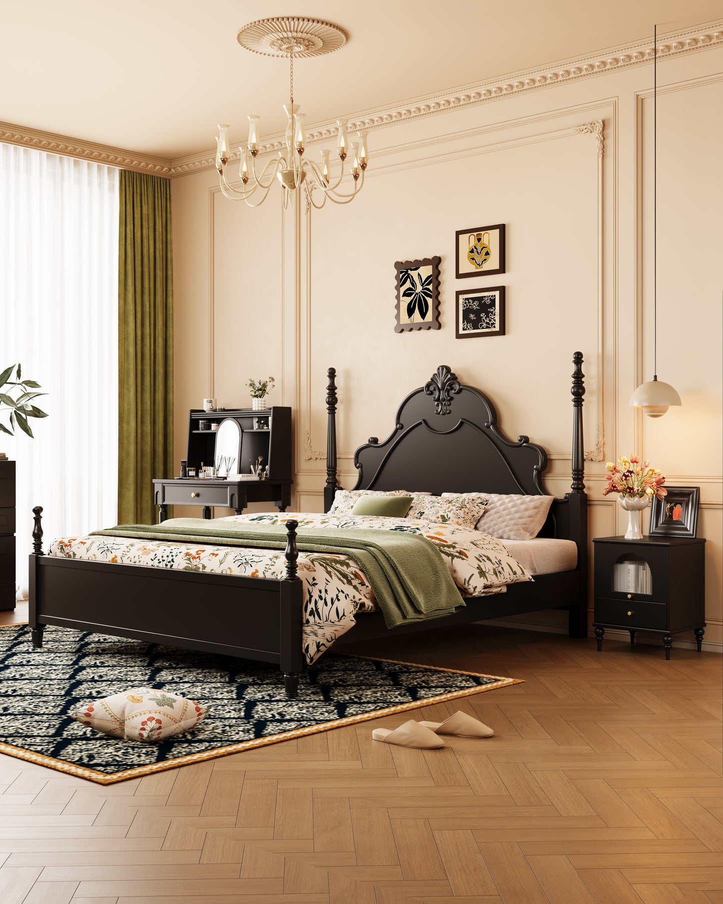 Mid-Century Rubberwood Bed – Brown / Black / Dark Walnut #312