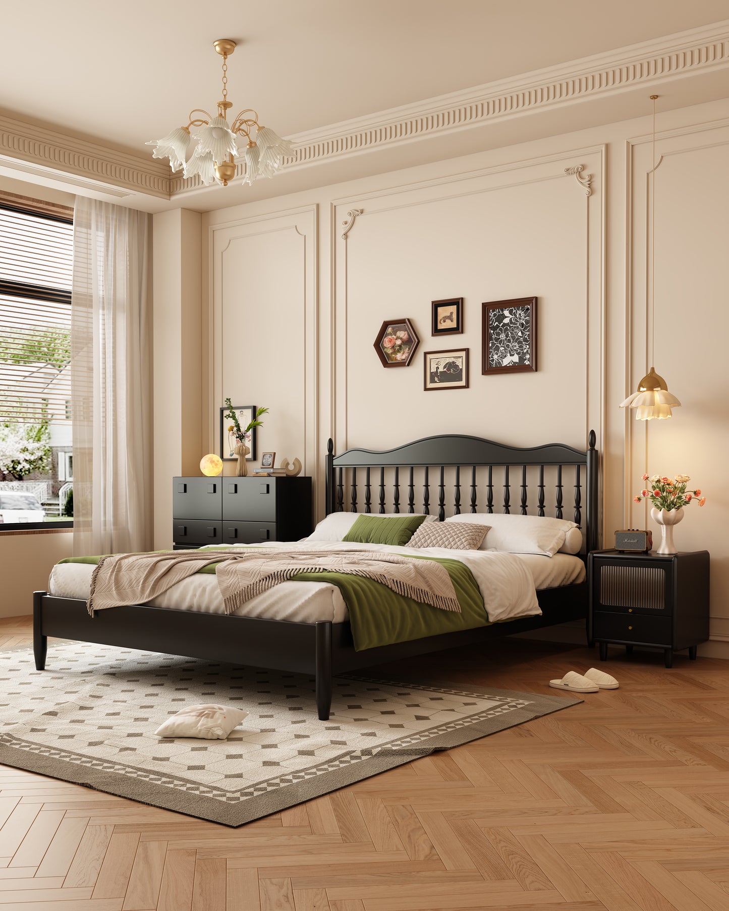 Mid-Century Modern Solid Wood Bed with Openwork Headboard