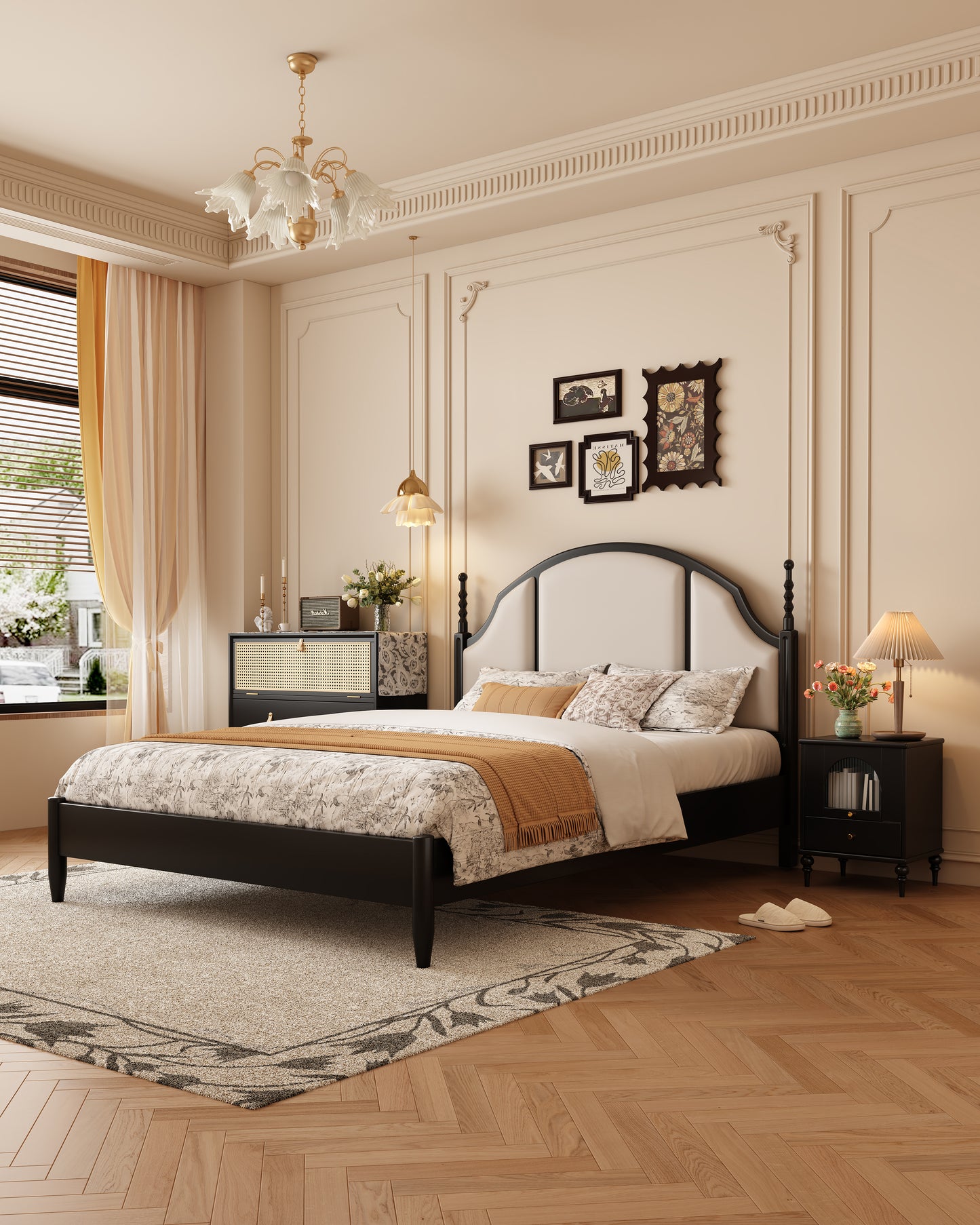 Mid-Century Modern Solid Wood Genuine Leather Bed