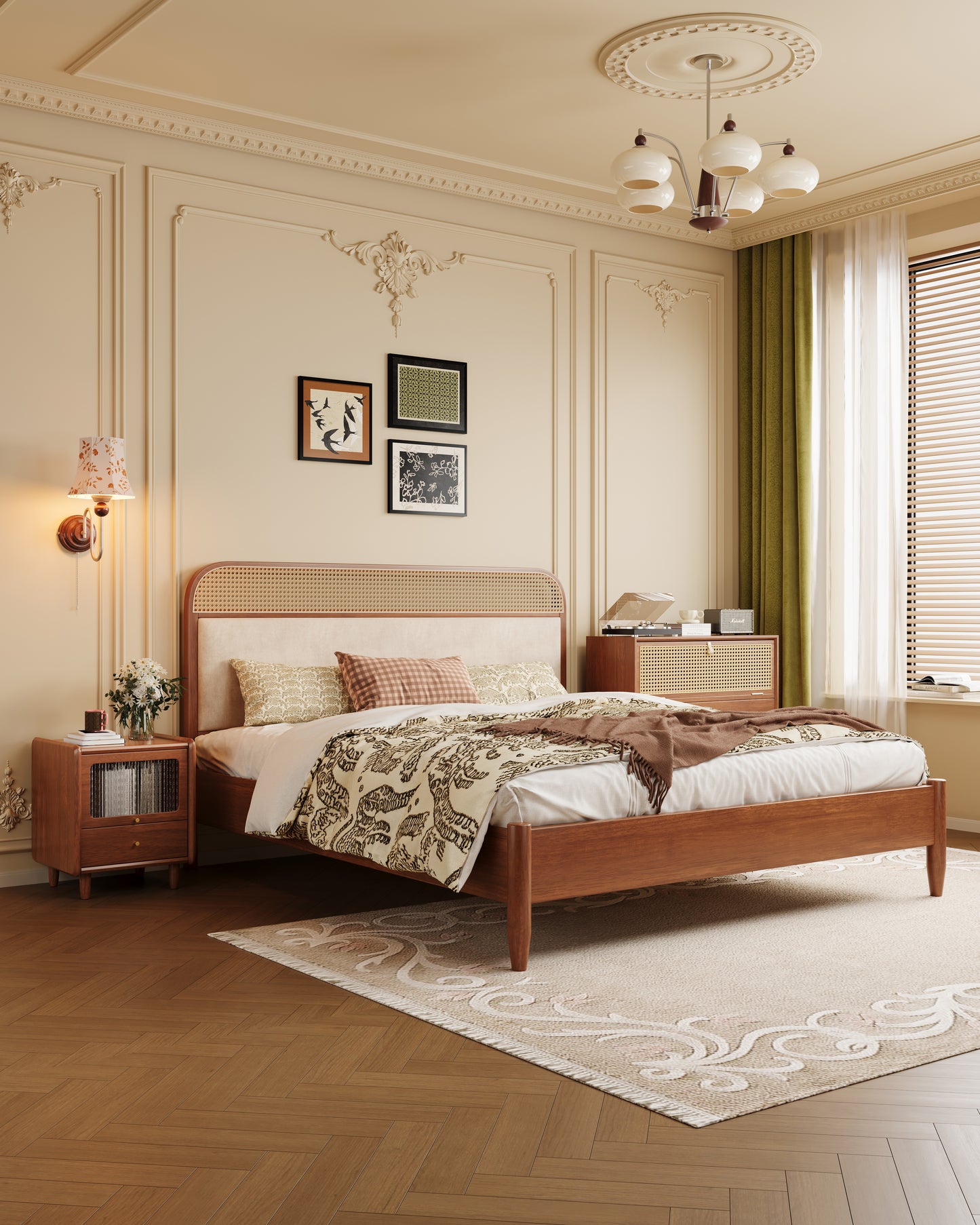 Mid-Century Modern Rattan & Velvet Solid Wood Bed