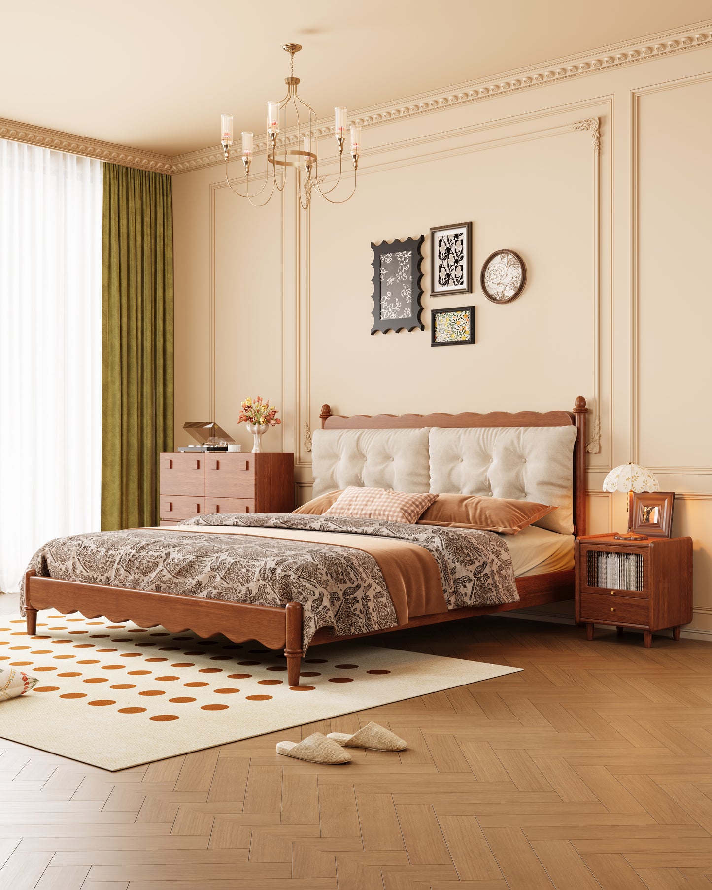 Mid-Century Modern Wave-Pattern Solid Wood Upholstered Bed