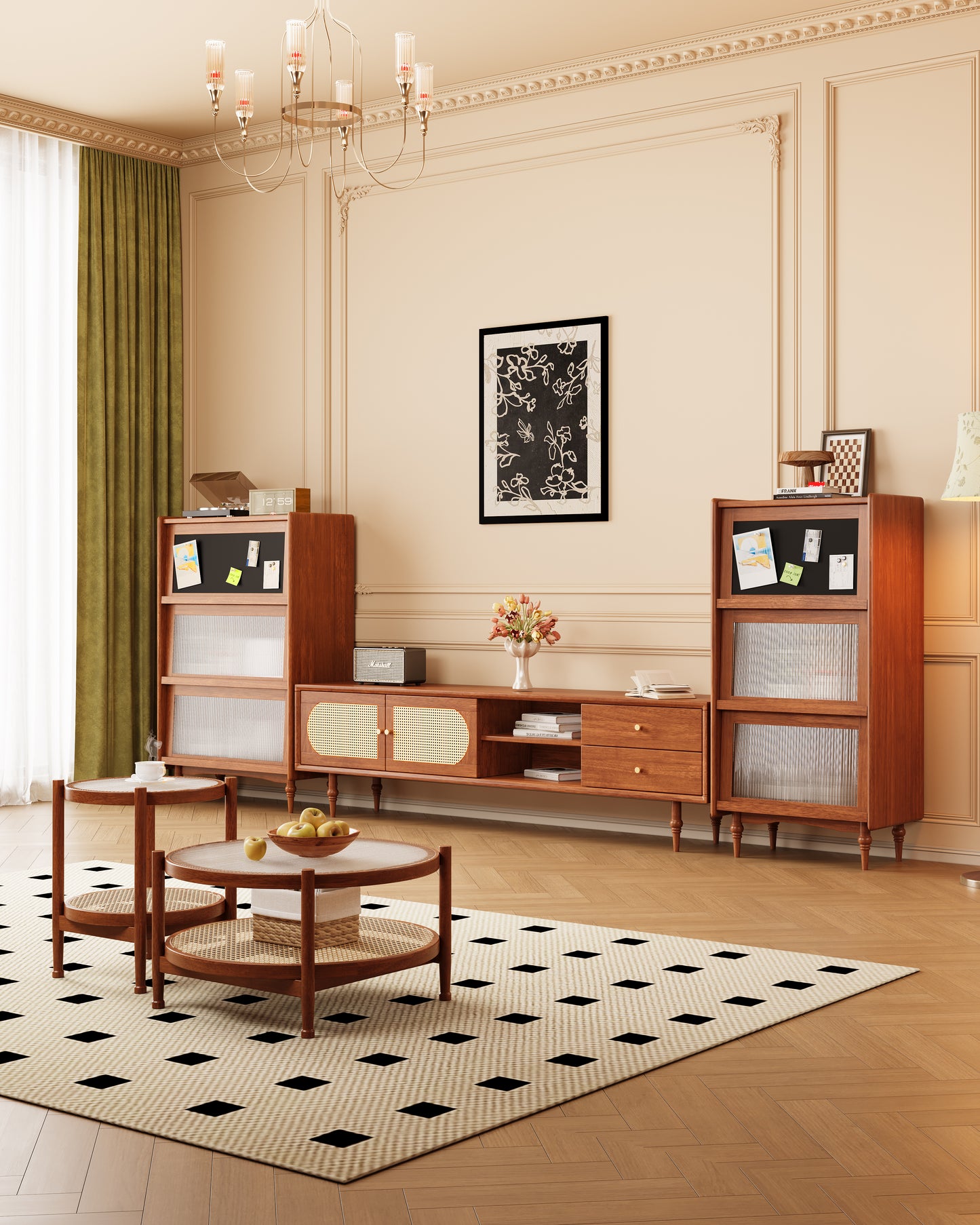 Mid-Century Modern Media Console with Rattan Inlay & Art Glass Details