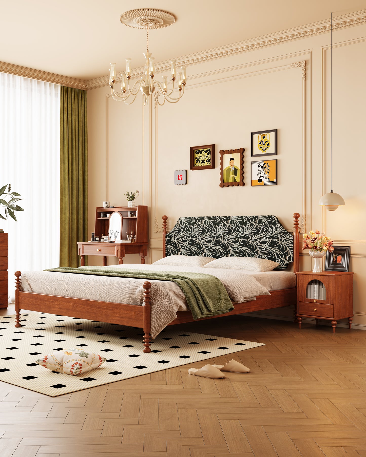 Mid-Century Rubberwood Bed -black