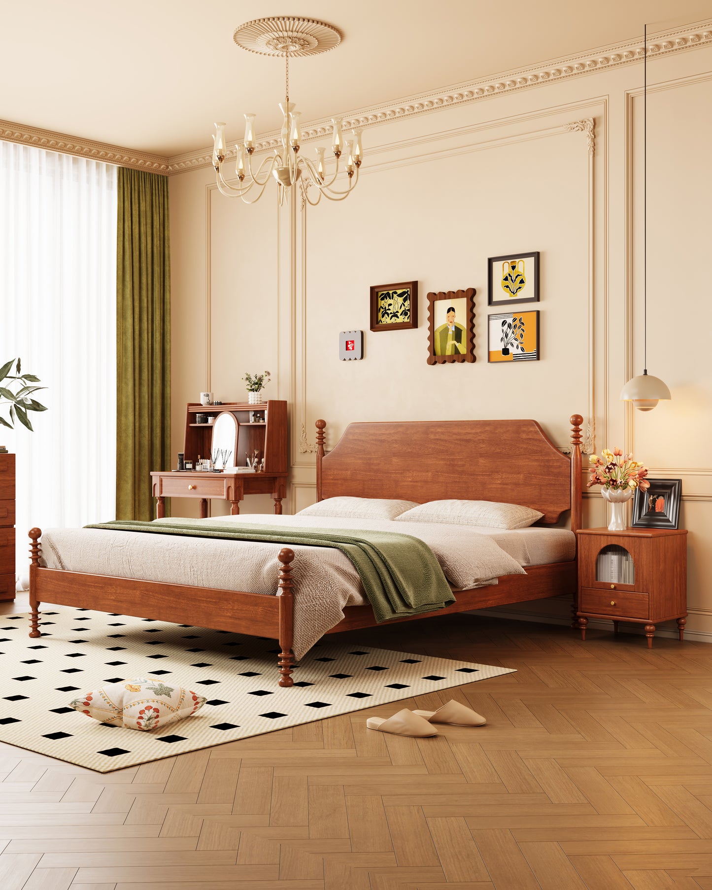 Mid-Century Rubberwood Bed – Brown / Black / Dark Walnut #301