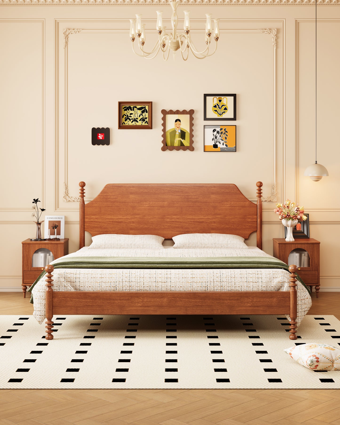 Mid-Century Rubberwood Bed – Brown / Black / Dark Walnut #301