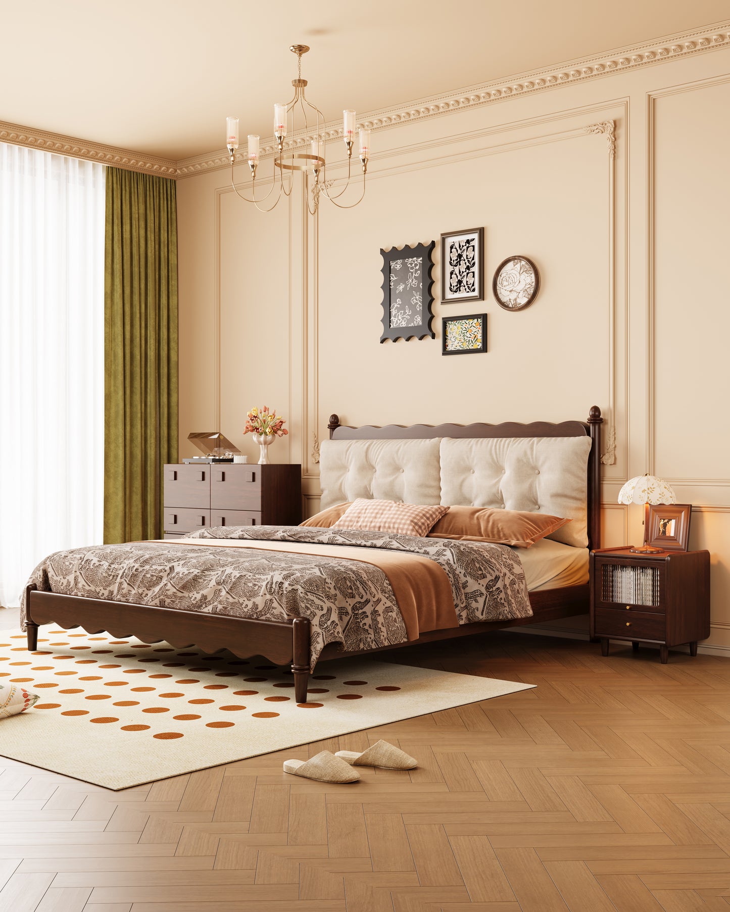 Mid-Century Modern Wave-Pattern Solid Wood Upholstered Bed