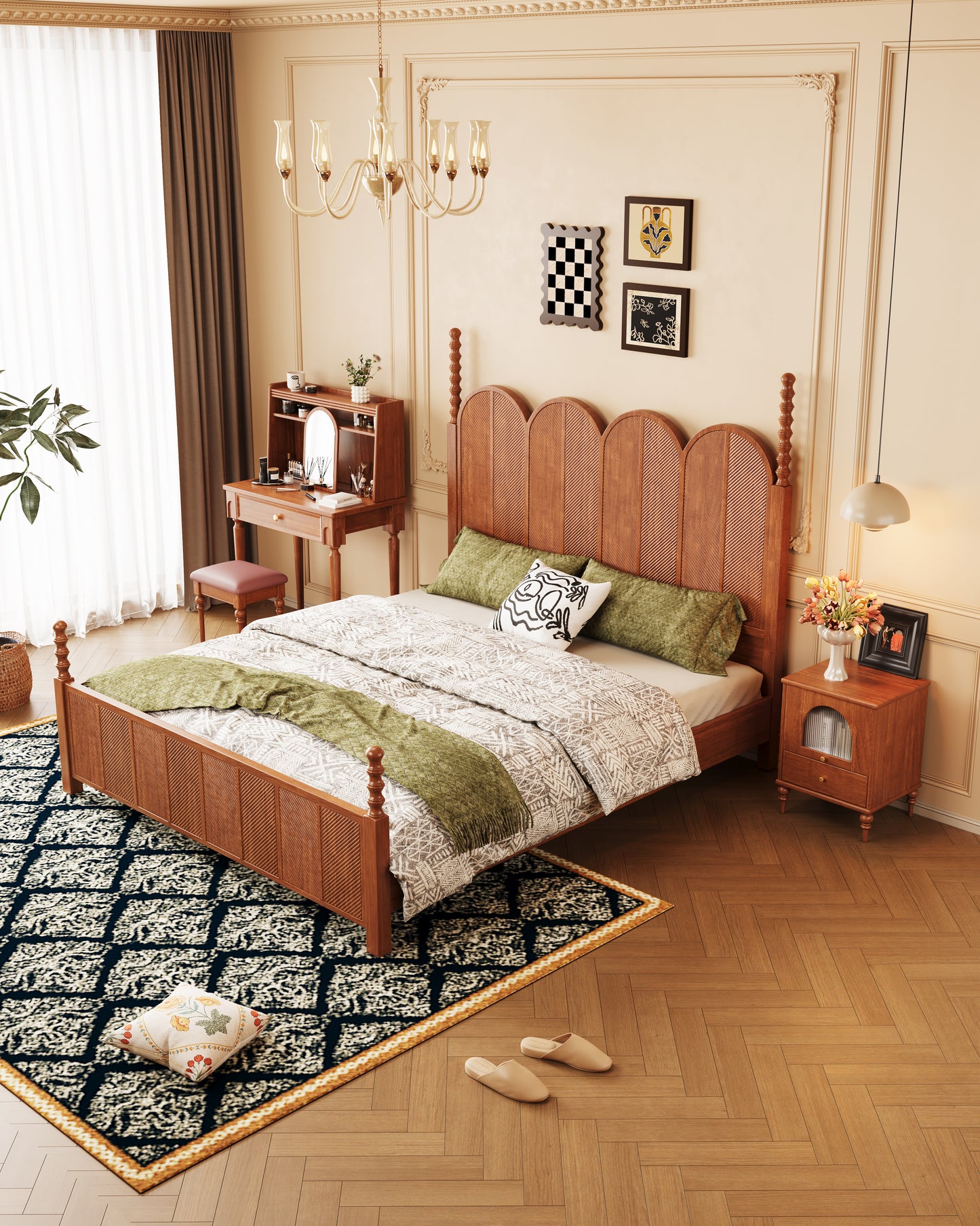 Mid-Century Modern Solid Wood Scale-Pattern Bed