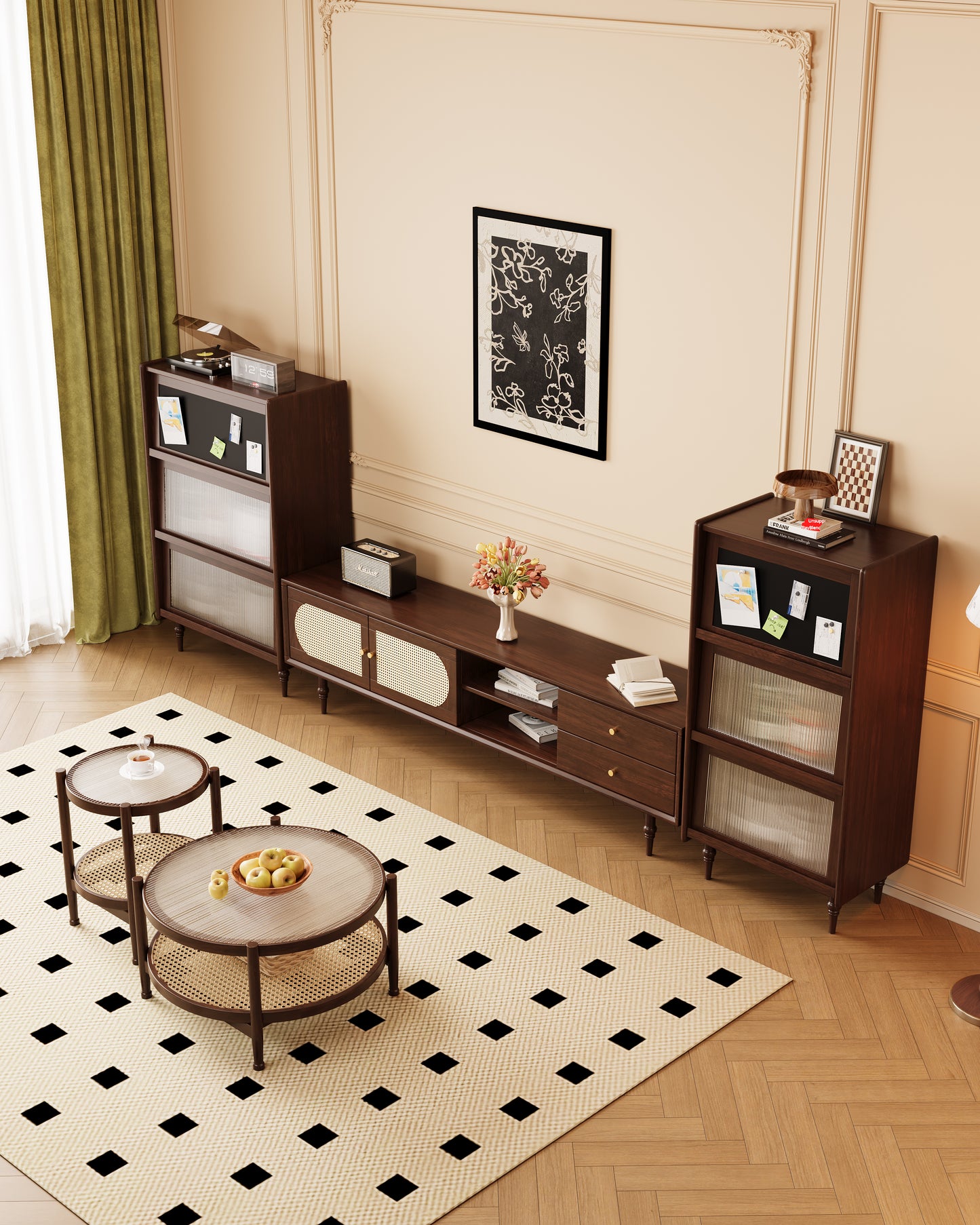 Mid-Century Modern Media Console with Rattan Inlay & Art Glass Details