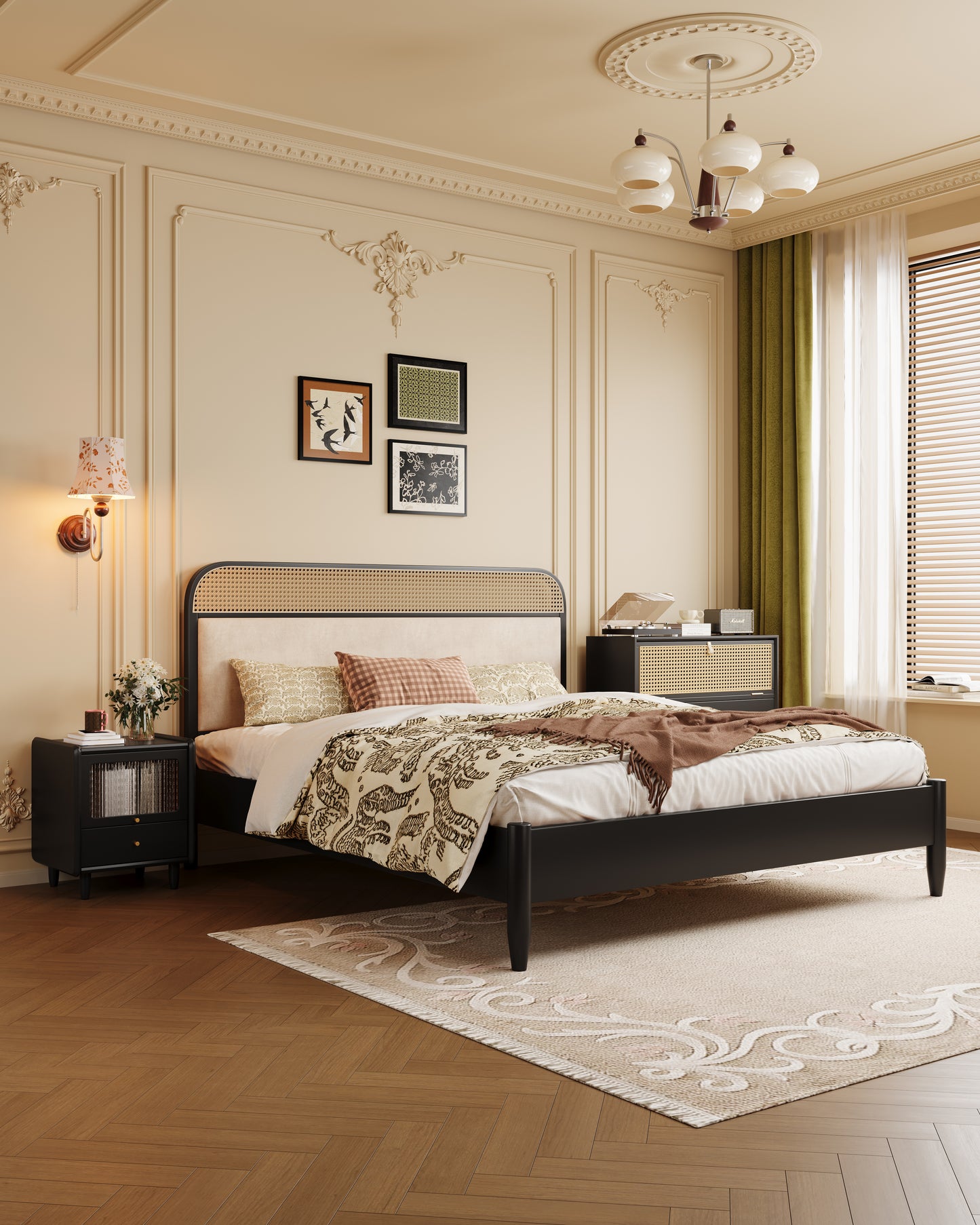 Mid-Century Modern Rattan & Velvet Solid Wood Bed