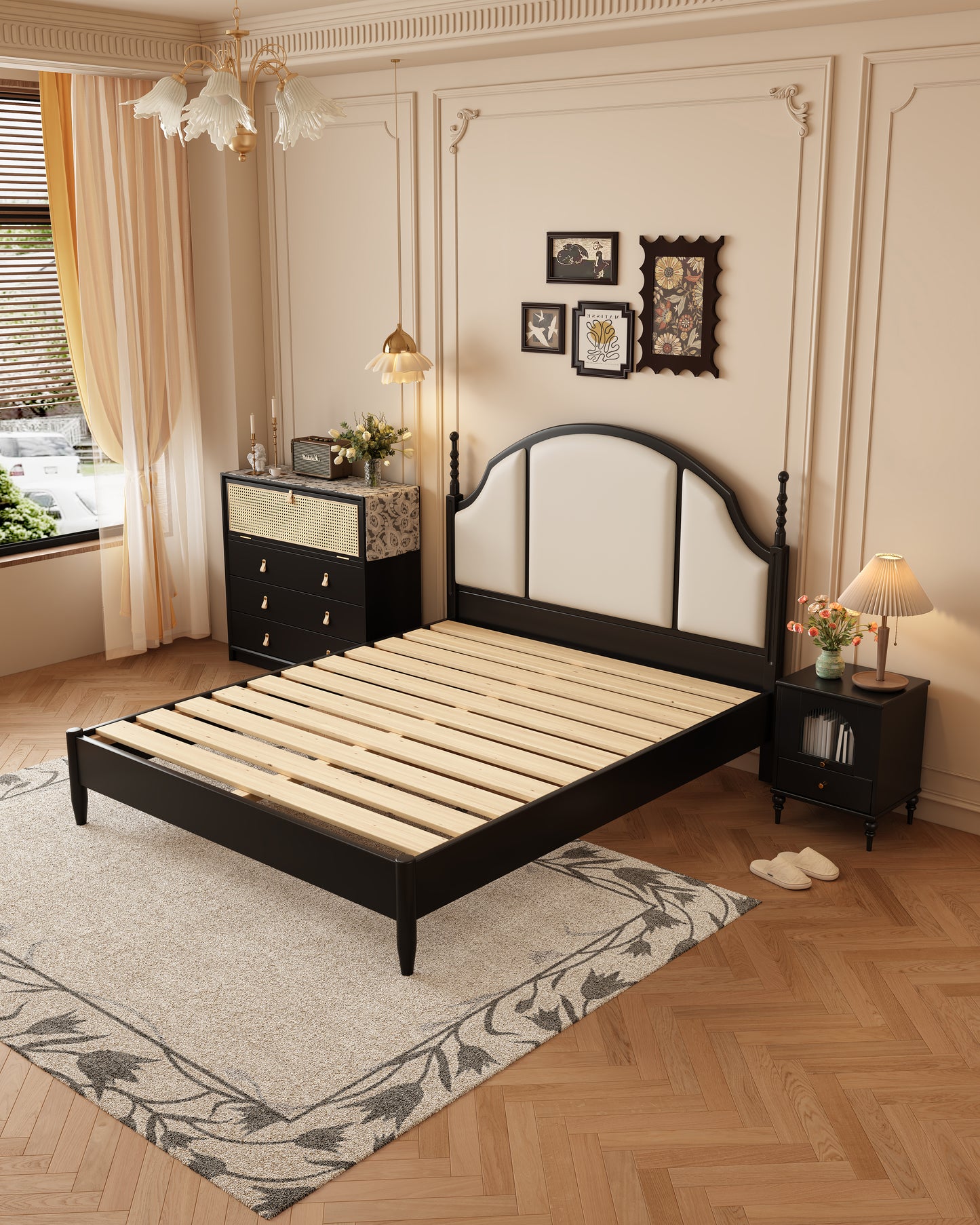 Mid-Century Modern Solid Wood Genuine Leather Bed