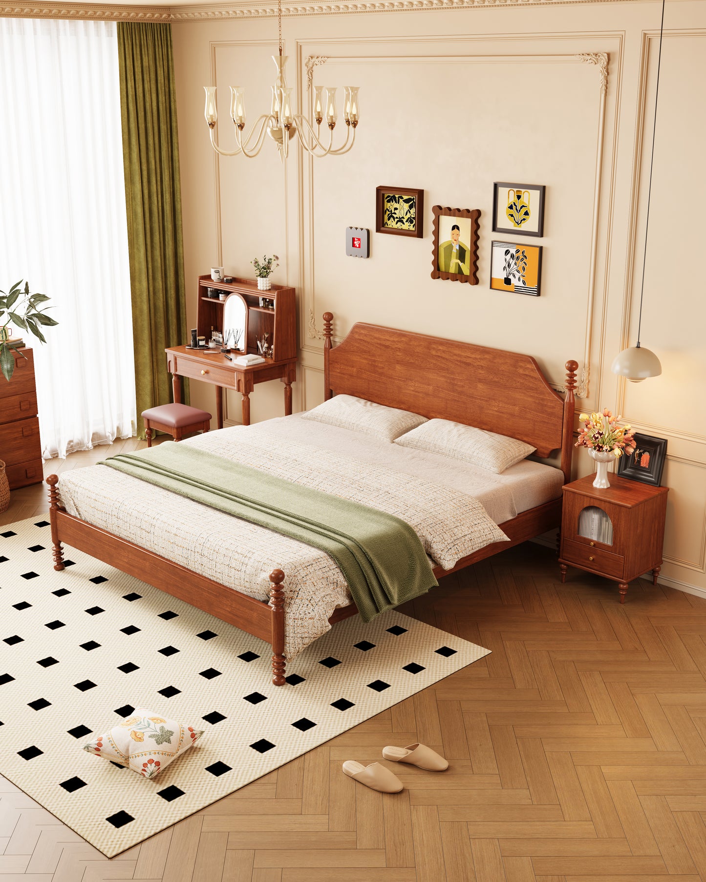 Mid-Century Rubberwood Bed – Brown / Black / Dark Walnut #301