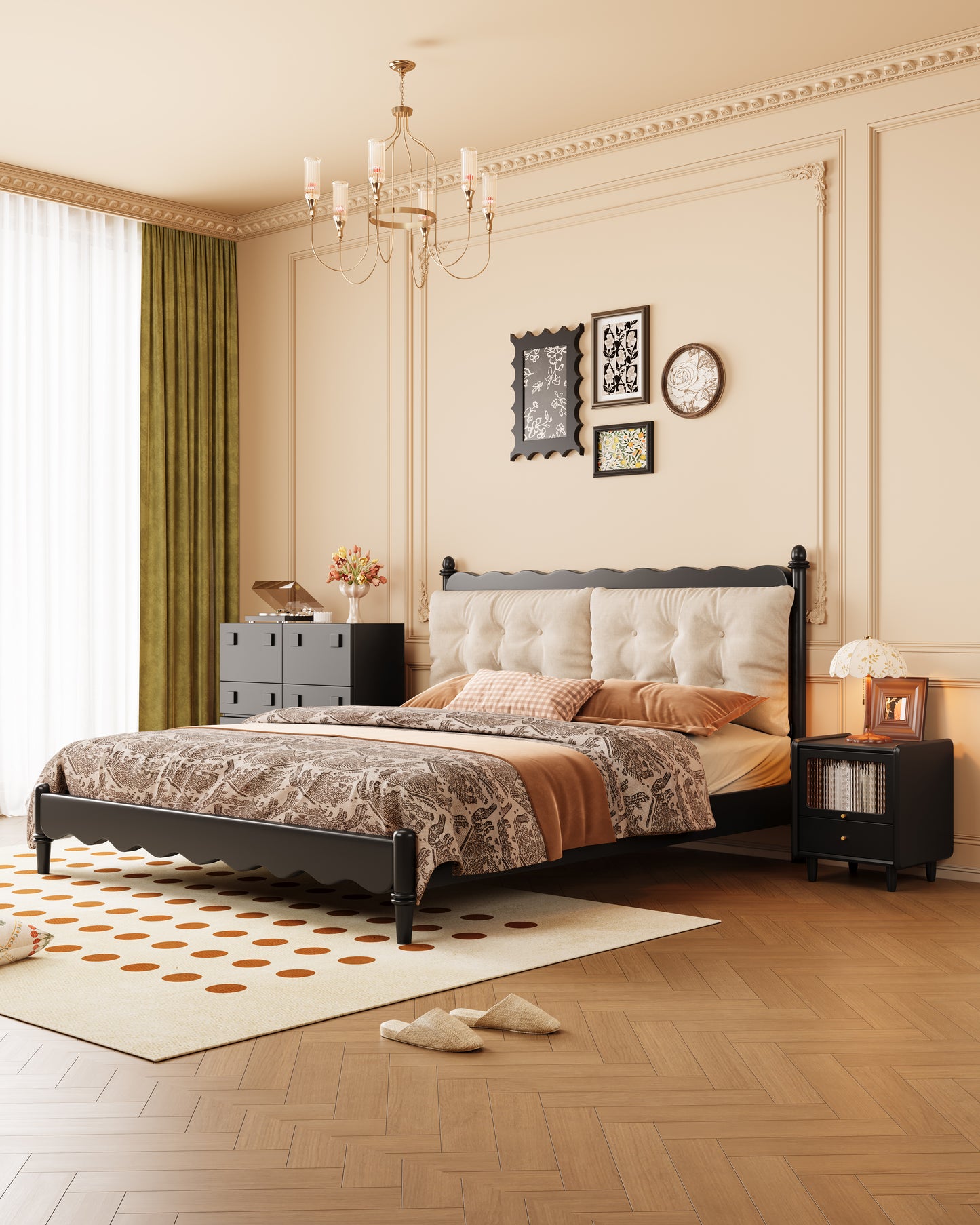 Mid-Century Modern Wave-Pattern Solid Wood Upholstered Bed