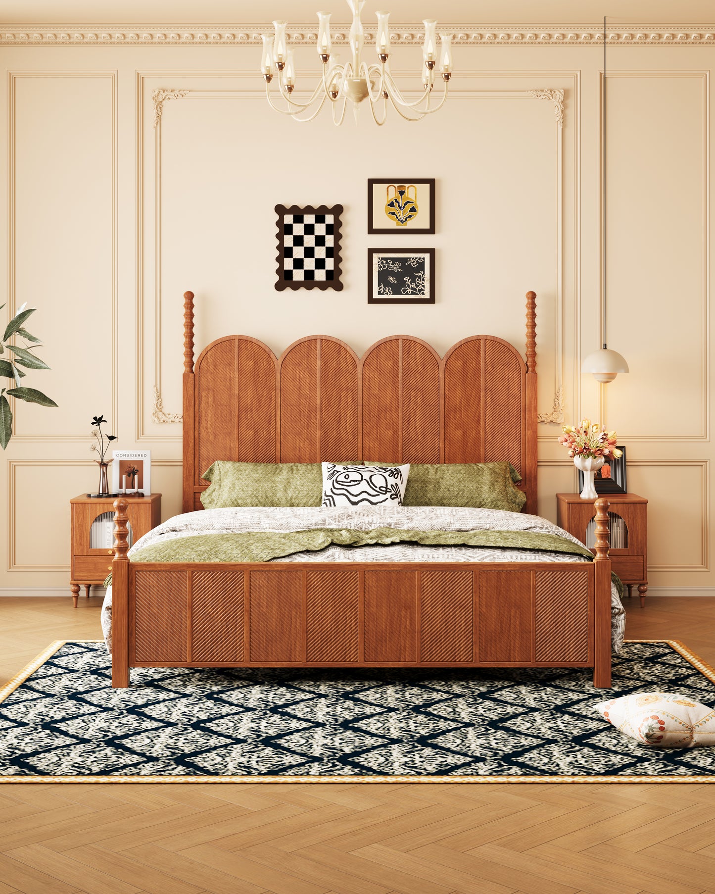Mid-Century Modern Solid Wood Scale-Pattern Bed