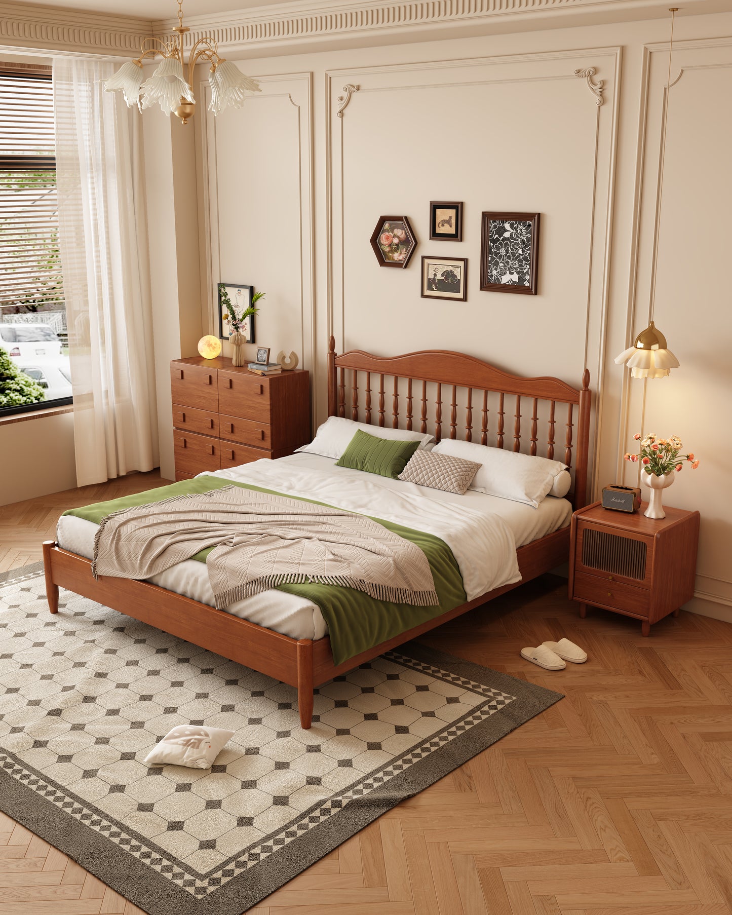 Mid-Century Modern Solid Wood Bed with Openwork Headboard