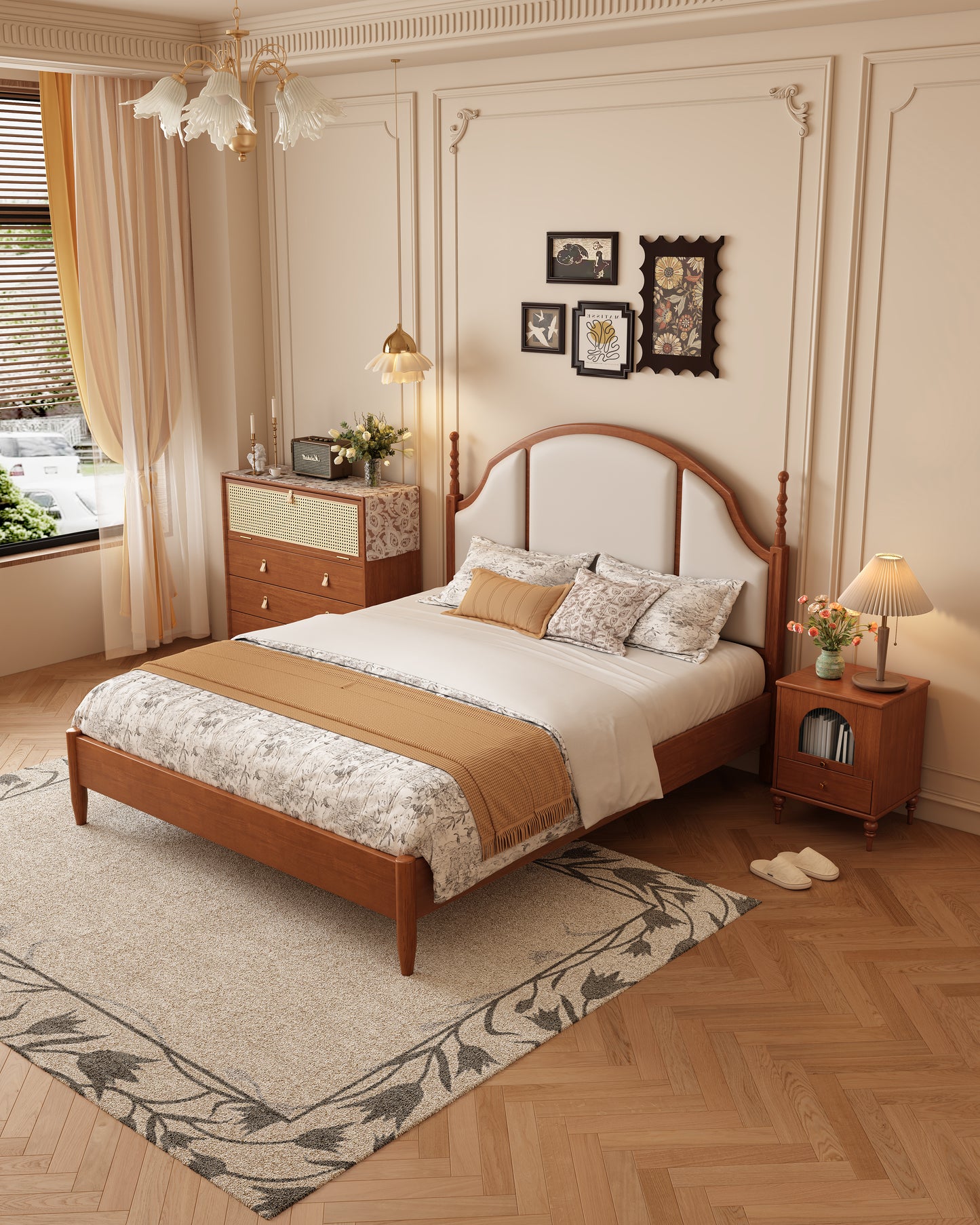 Mid-Century Modern Solid Wood Genuine Leather Bed
