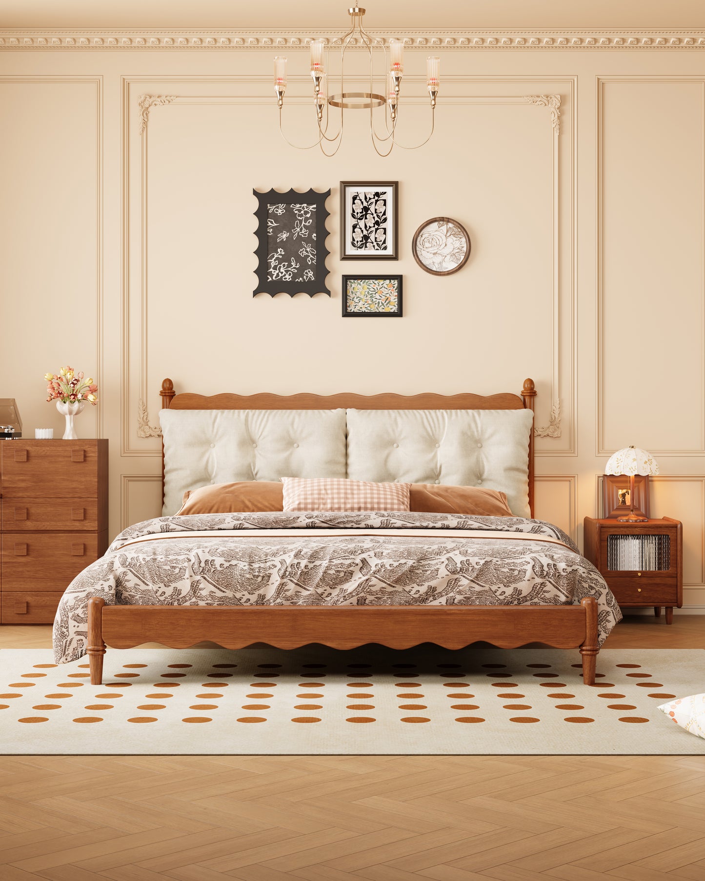 Mid-Century Modern Wave-Pattern Solid Wood Upholstered Bed