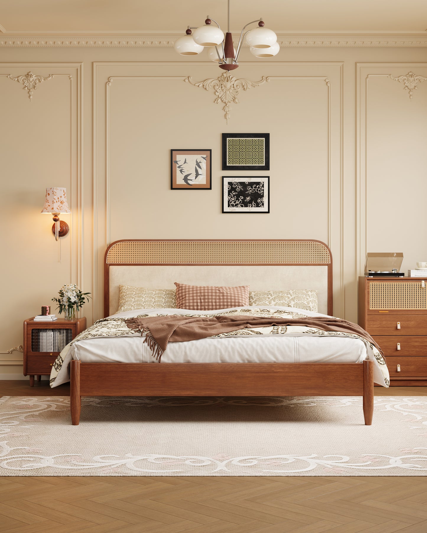 Mid-Century Modern Rattan & Velvet Solid Wood Bed