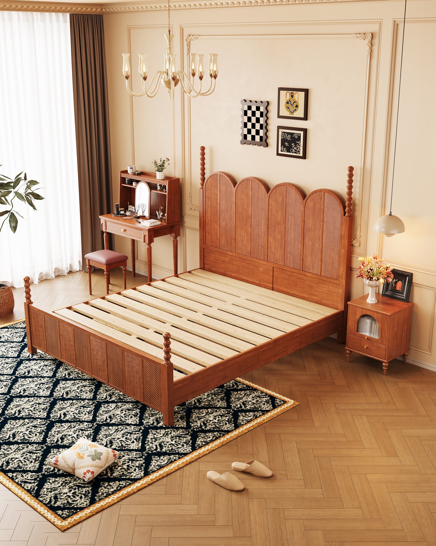 Mid-Century Modern Solid Wood Scale-Pattern Bed