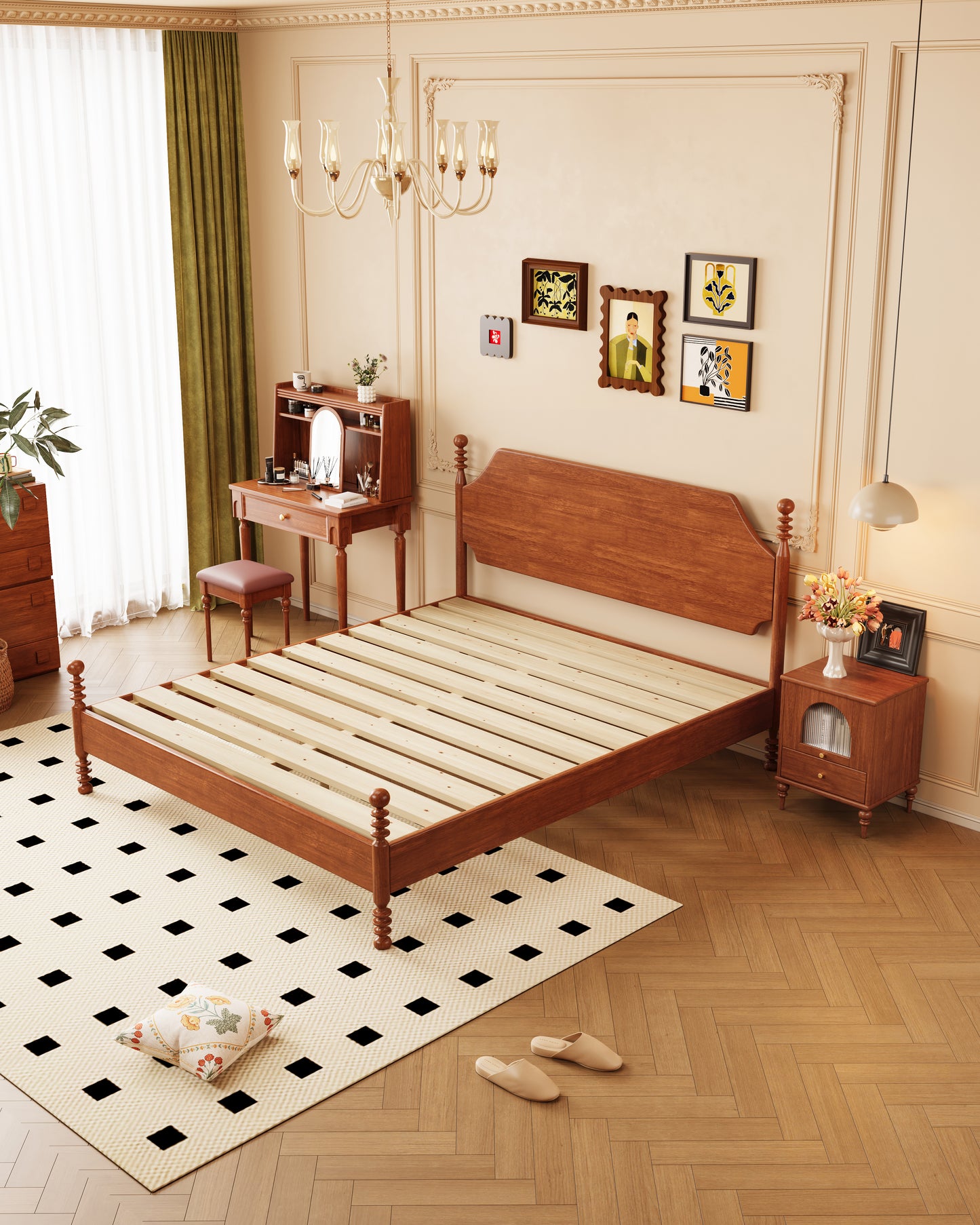 Mid-Century Rubberwood Bed – Brown / Black / Dark Walnut #301