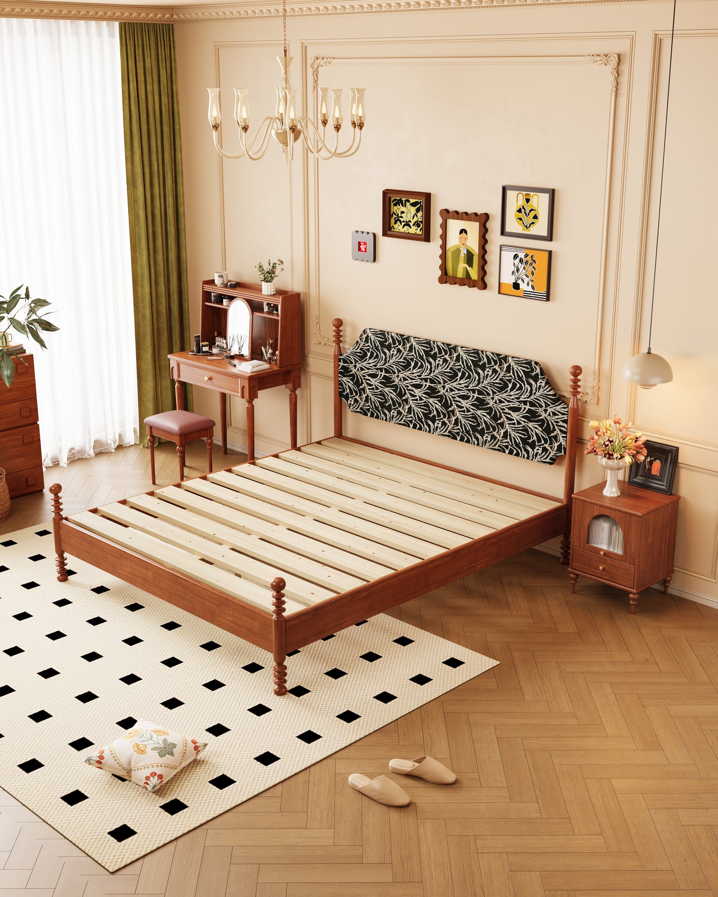 Mid-Century Rubberwood Bed -black