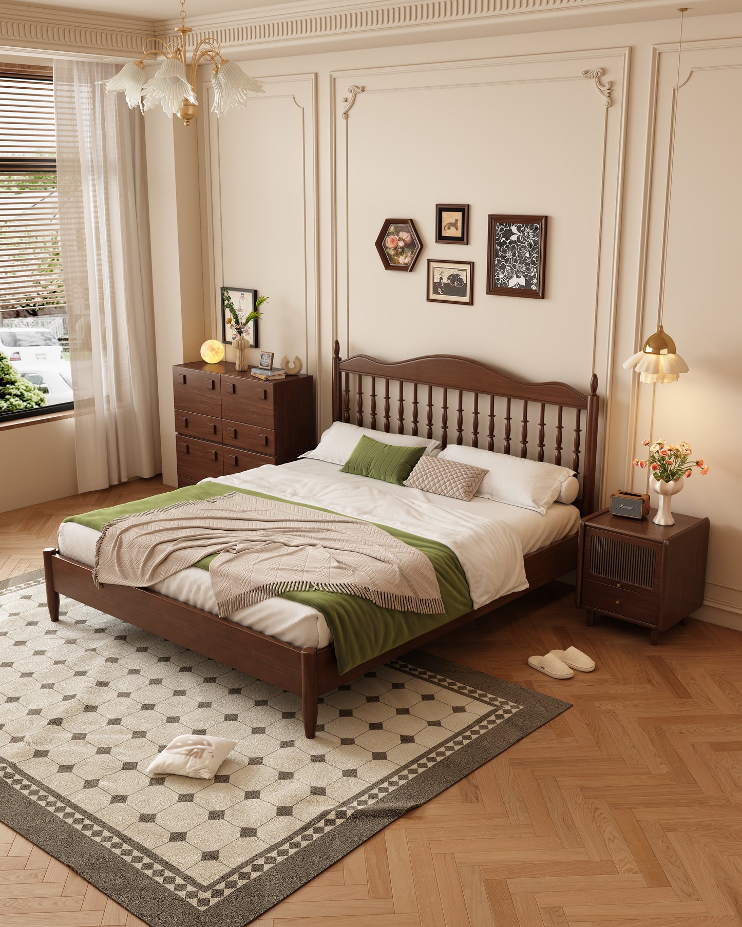 Mid-Century Modern Solid Wood Bed with Openwork Headboard