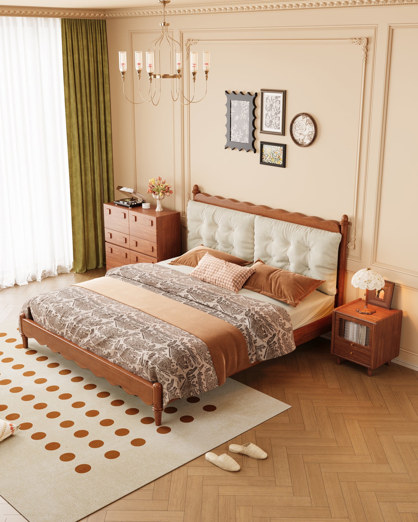 Mid-Century Modern Wave-Pattern Solid Wood Upholstered Bed