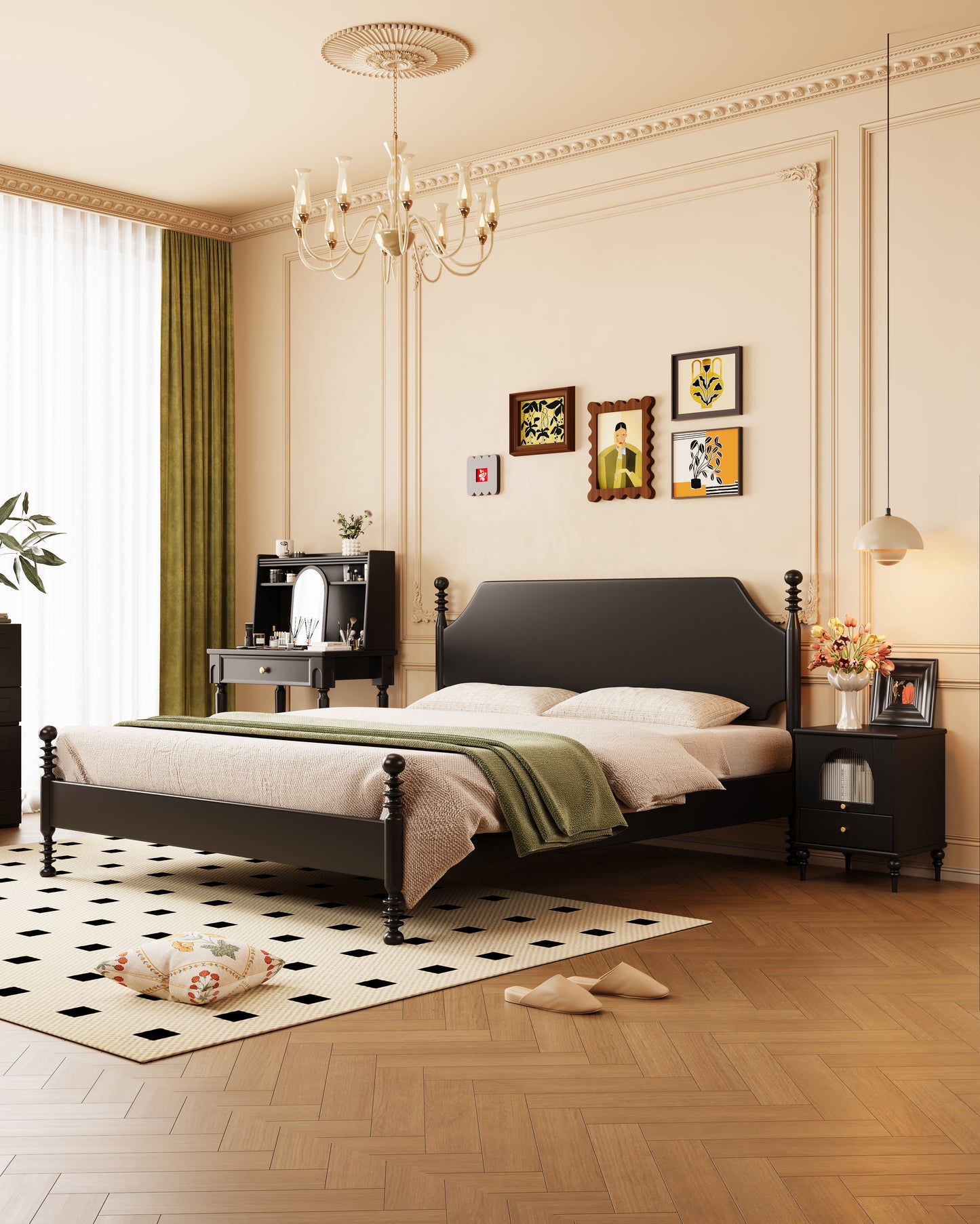 Mid-Century Rubberwood Bed – Brown / Black / Dark Walnut #301