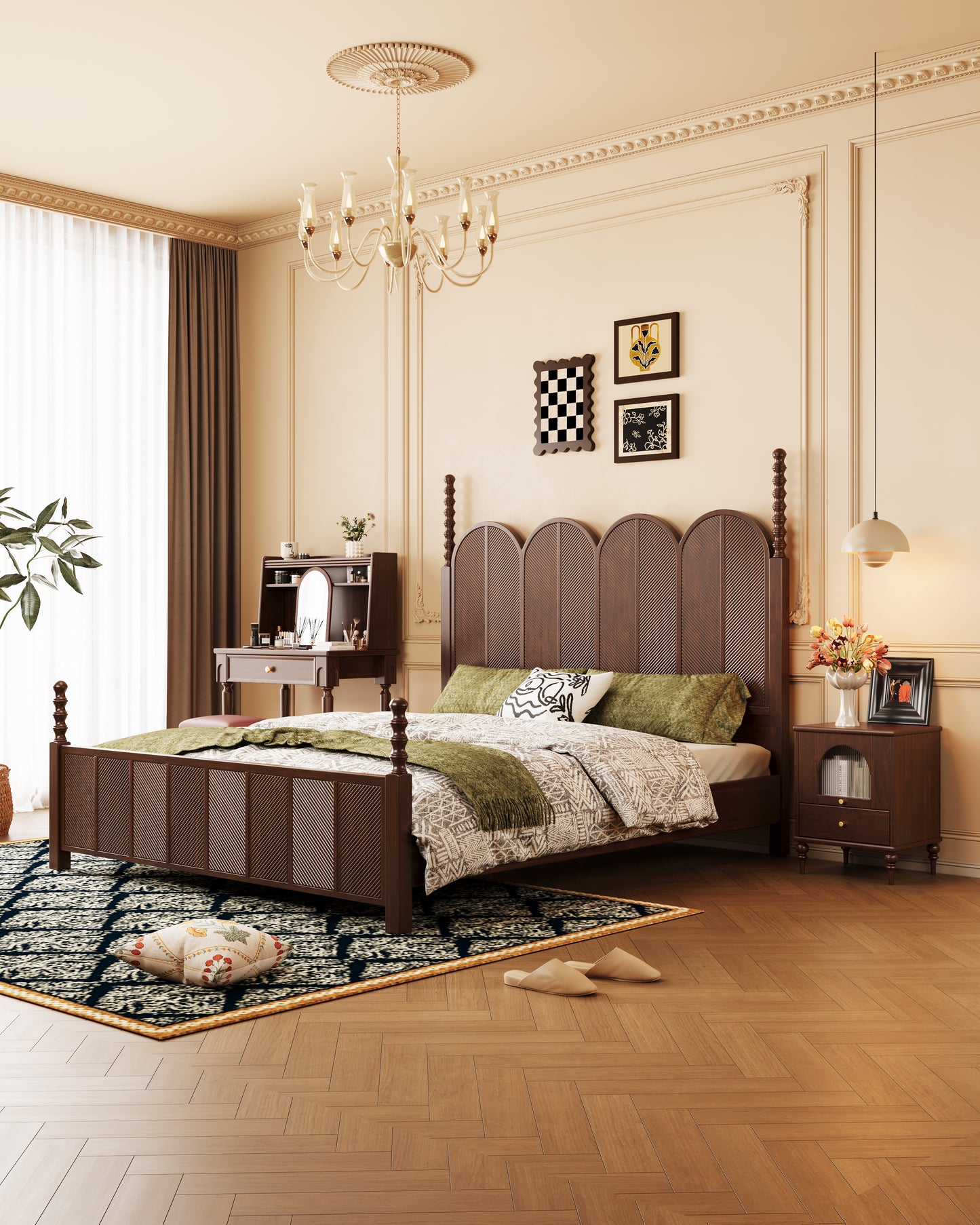 Mid-Century Modern Solid Wood Scale-Pattern Bed