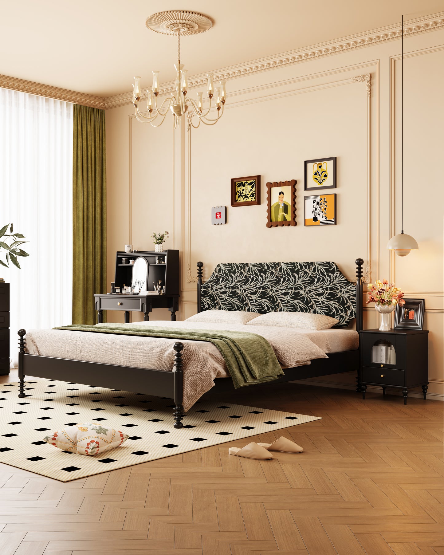 Mid-Century Rubberwood Bed -black