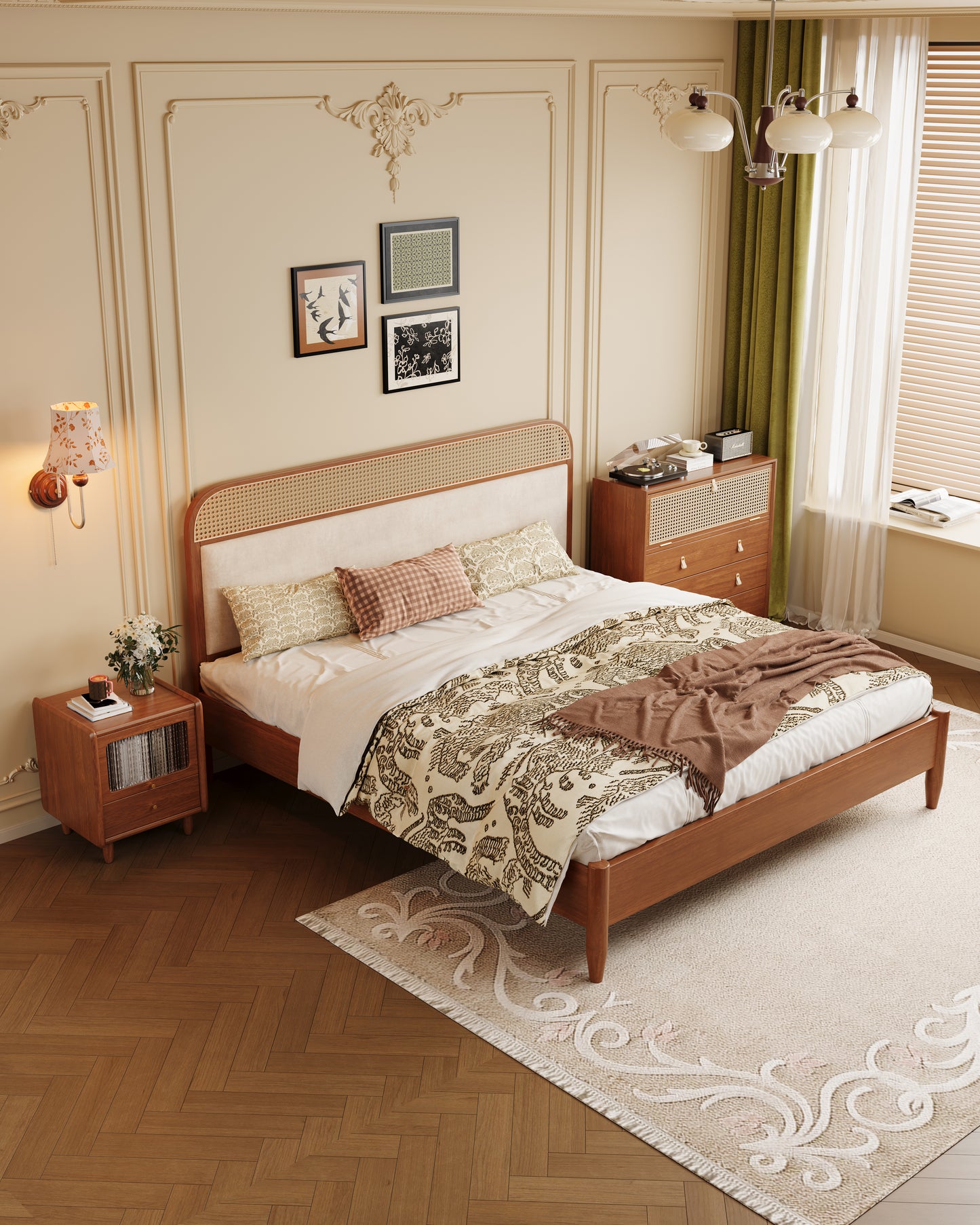 Mid-Century Modern Rattan & Velvet Solid Wood Bed