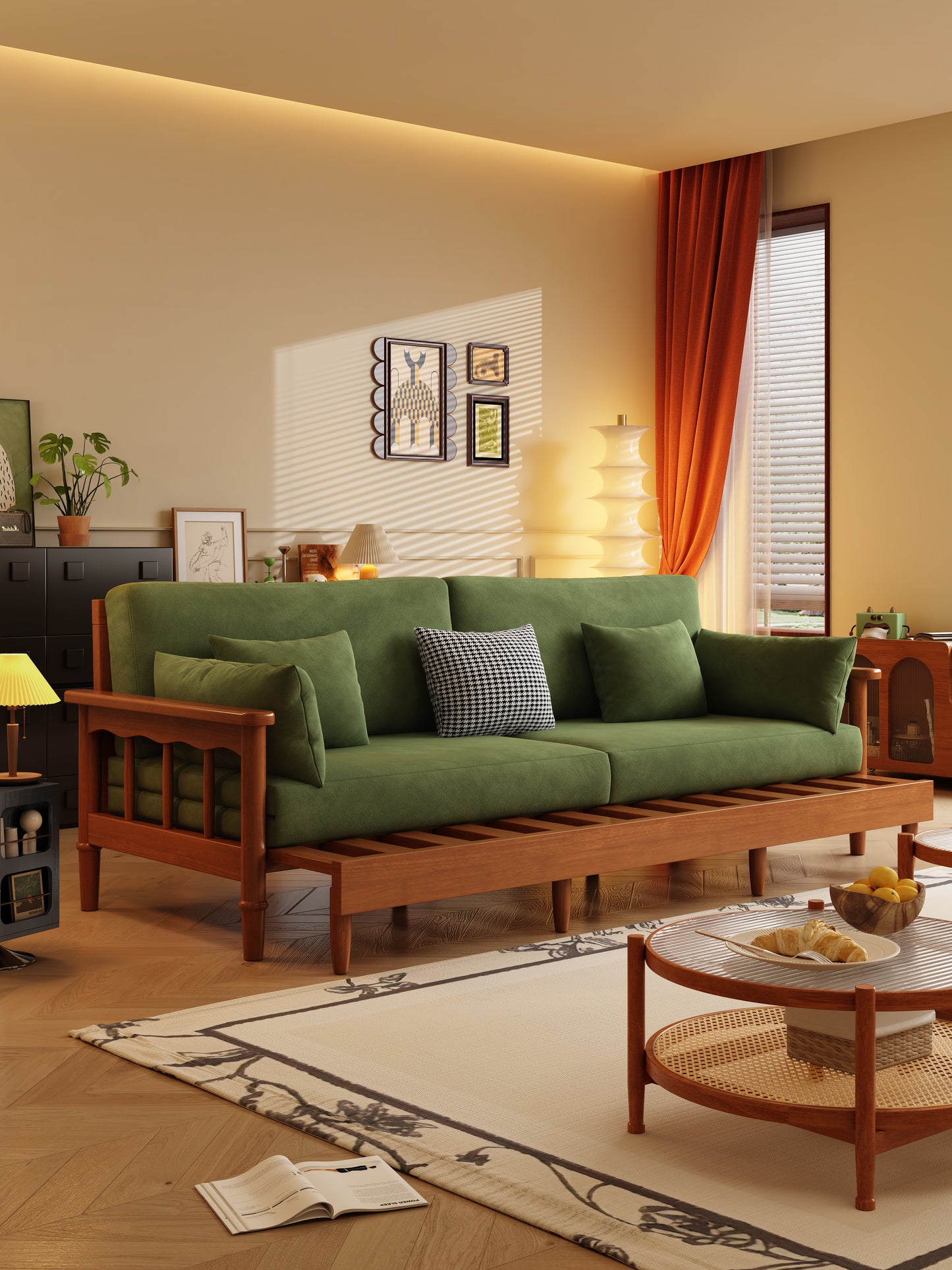 Mid-Century Modern Solid Wood Convertible Sofa Bed