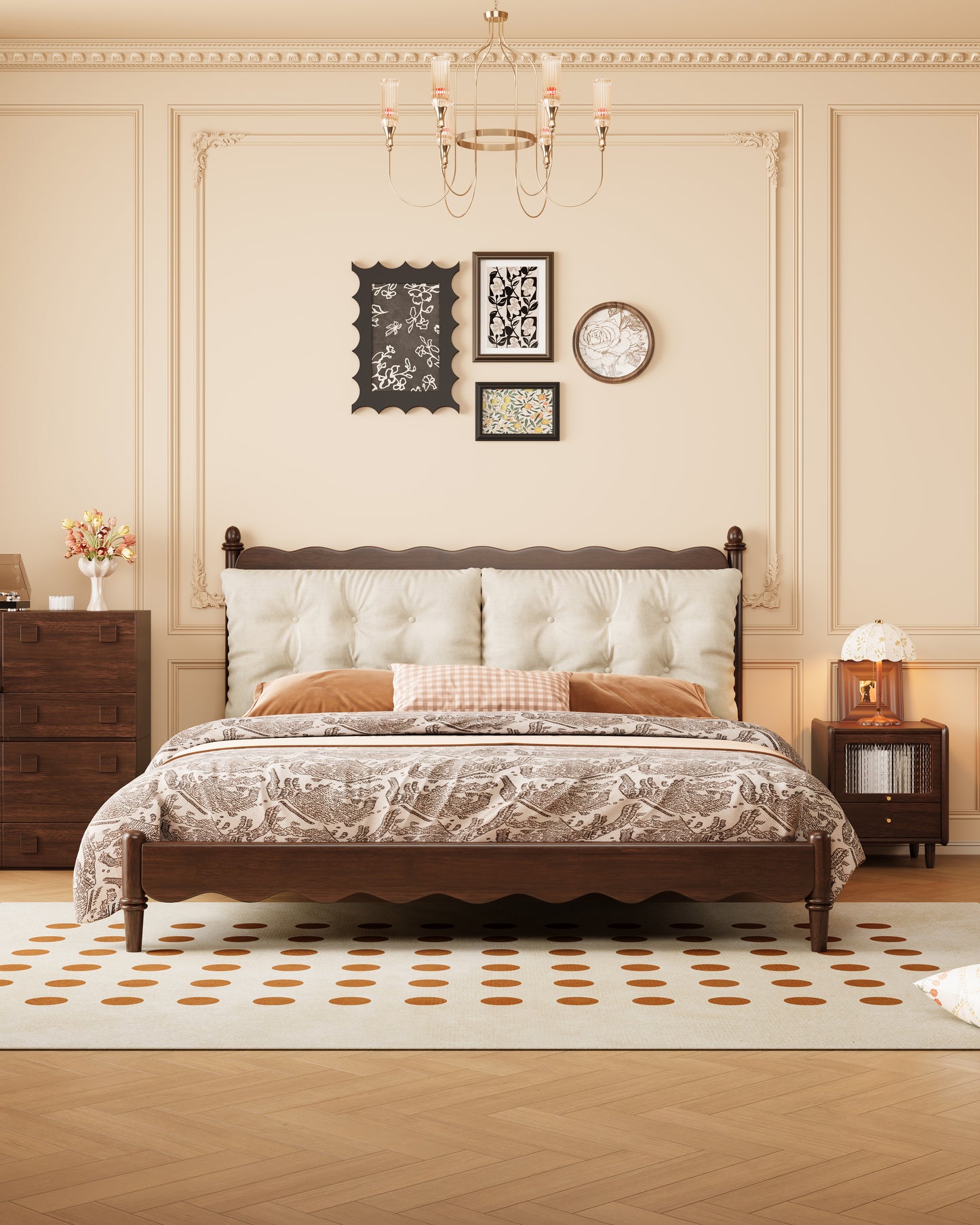 Mid-Century Modern Wave-Pattern Solid Wood Upholstered Bed