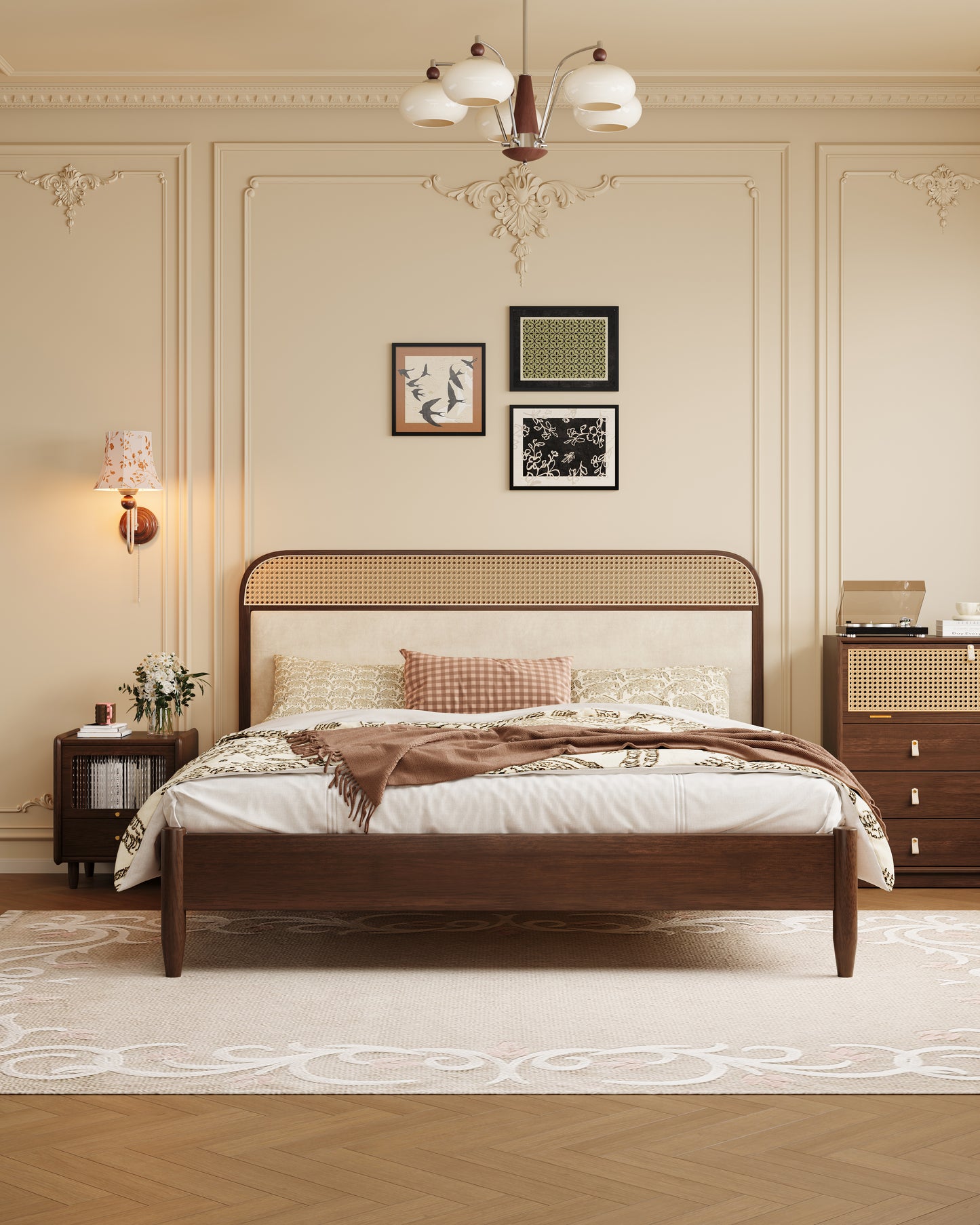 Mid-Century Modern Rattan & Velvet Solid Wood Bed