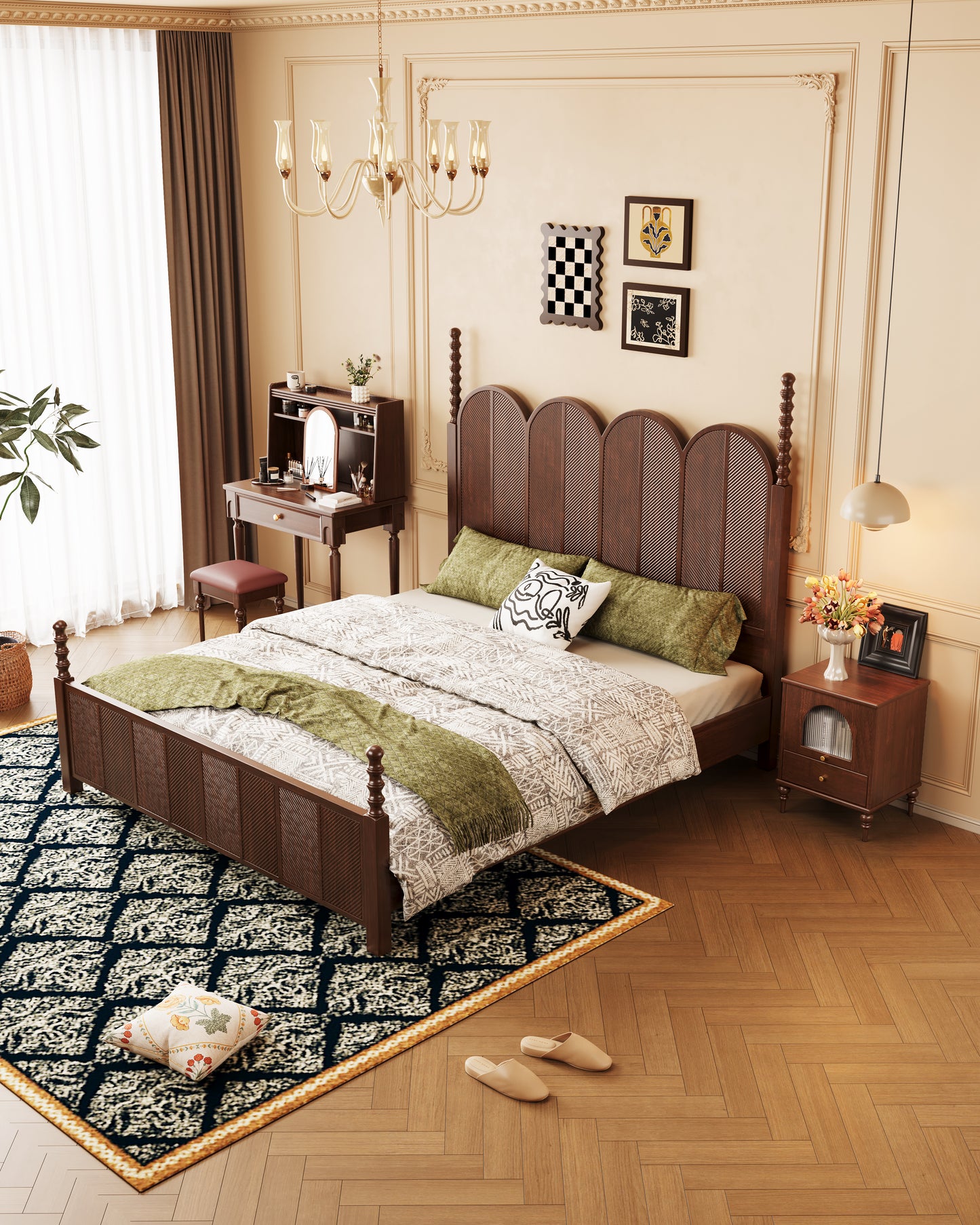 Mid-Century Modern Solid Wood Scale-Pattern Bed
