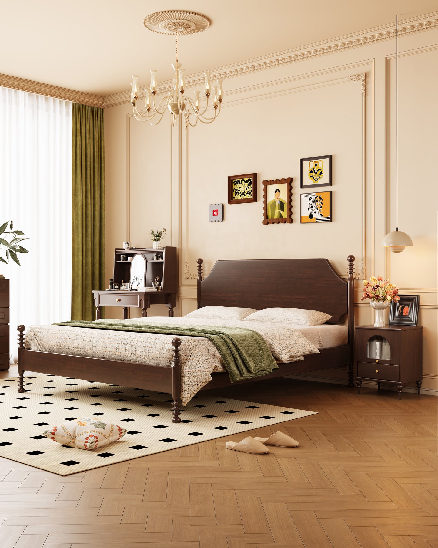 Mid-Century Rubberwood Bed – Brown / Black / Dark Walnut #301