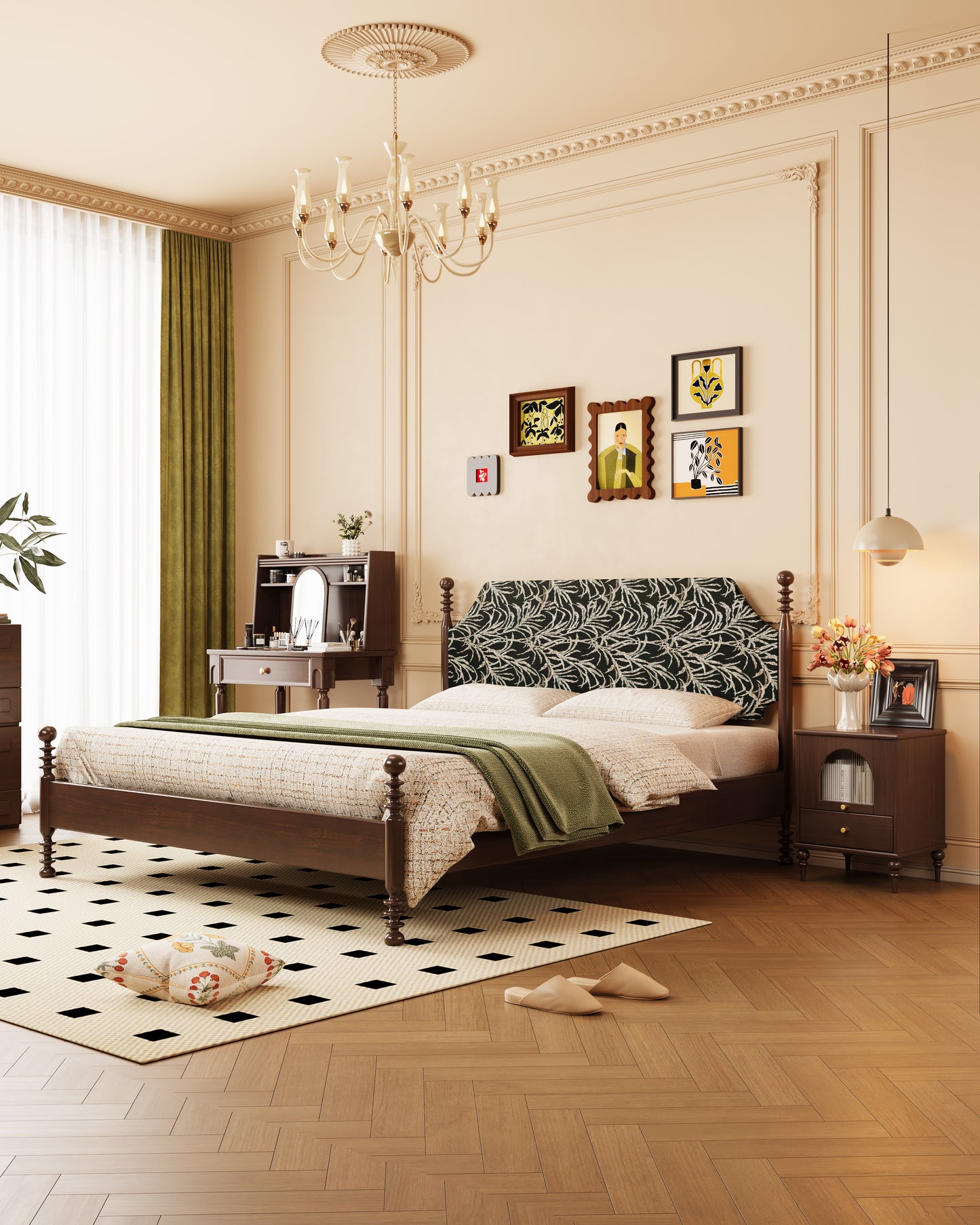 Mid-Century Rubberwood Bed -black