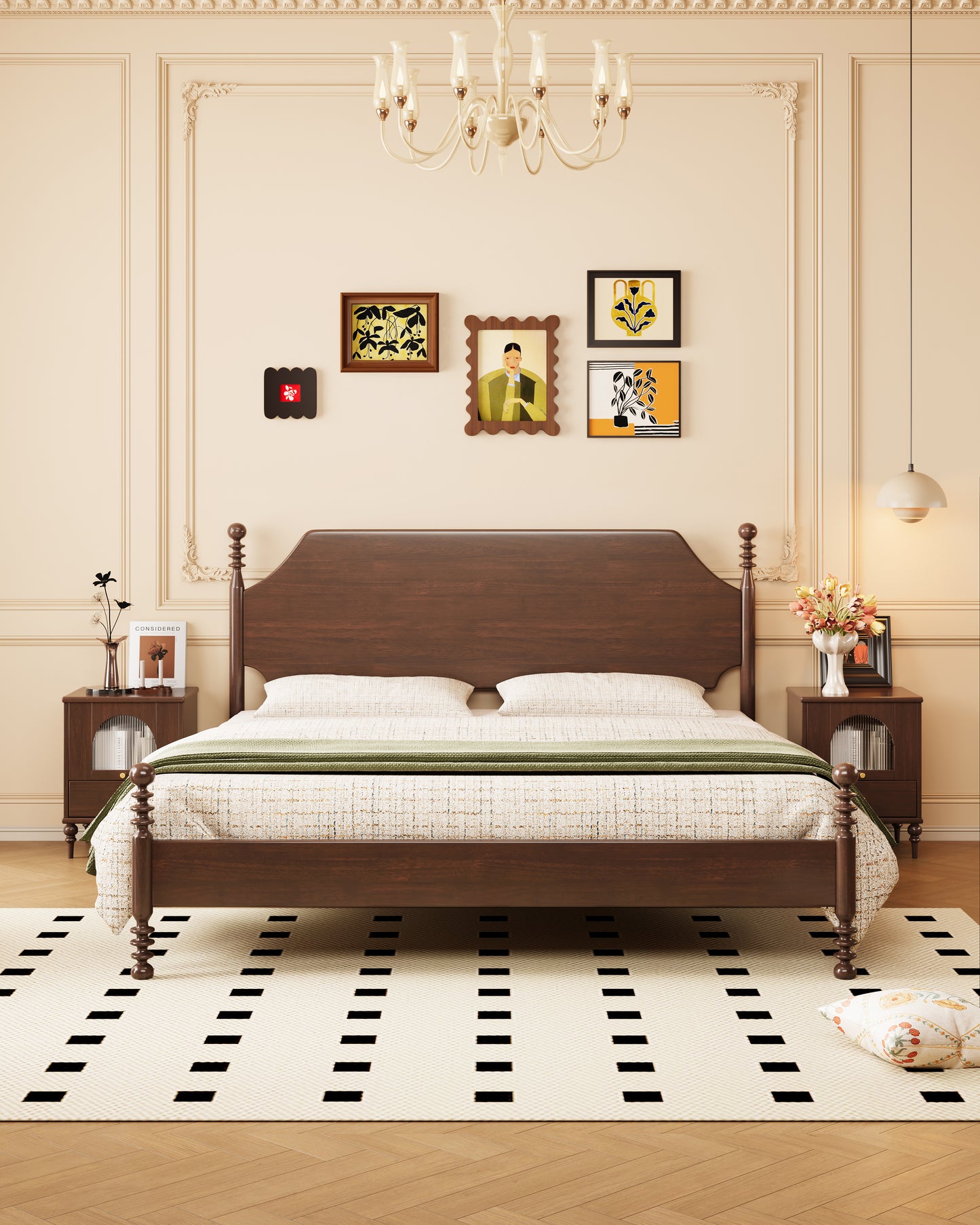 Mid-Century Rubberwood Bed – Brown / Black / Dark Walnut #301