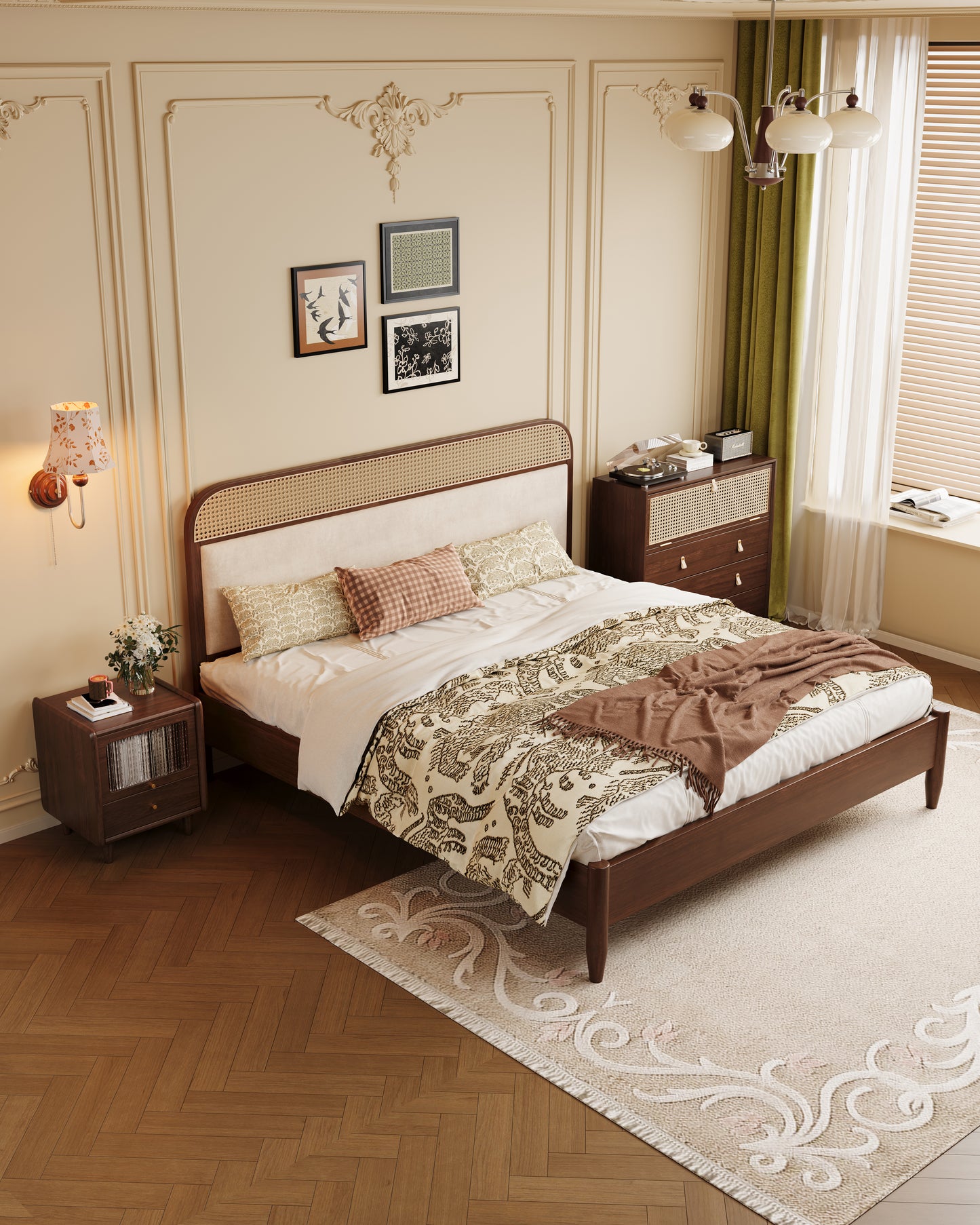 Mid-Century Modern Rattan & Velvet Solid Wood Bed