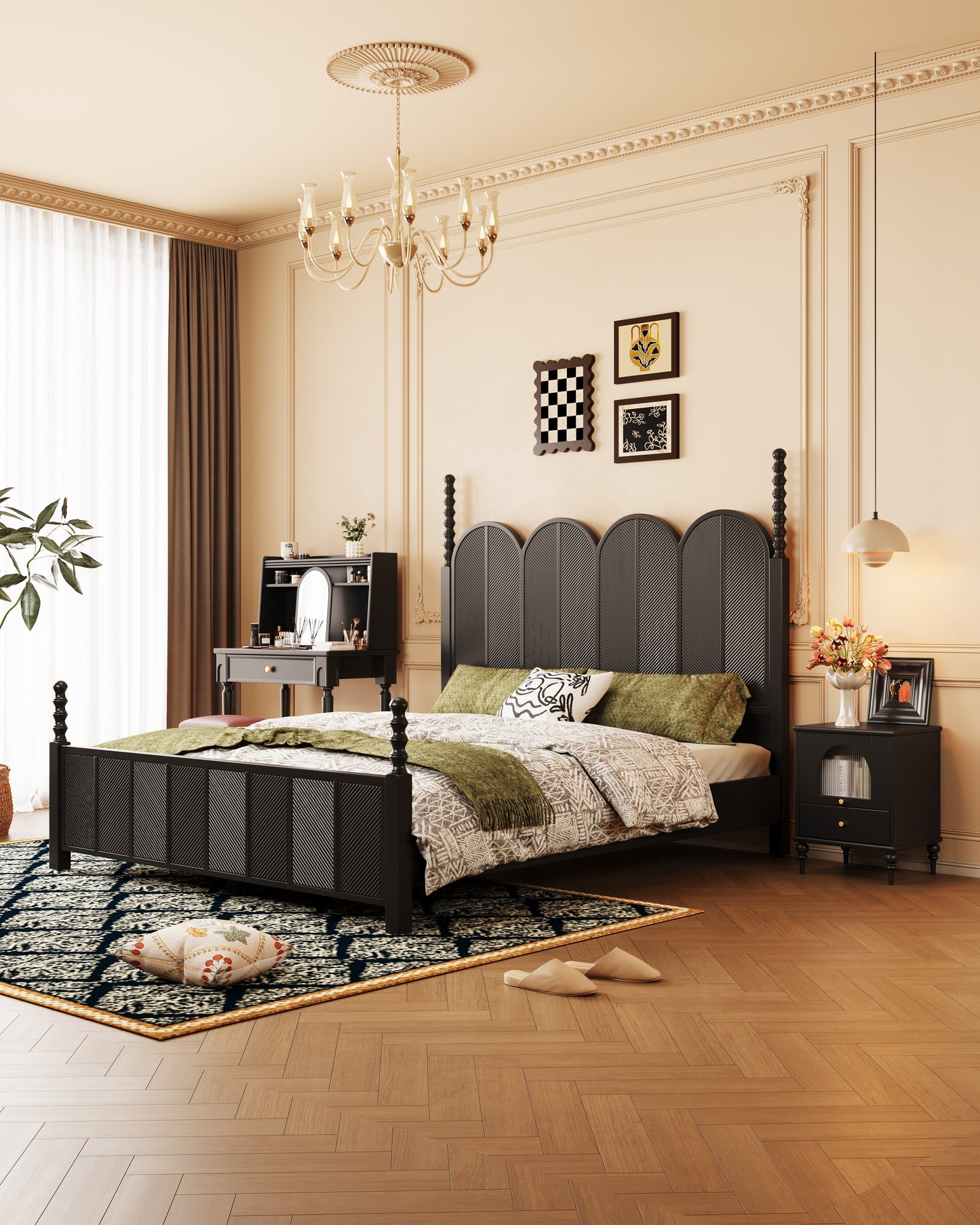 Mid-Century Modern Solid Wood Scale-Pattern Bed