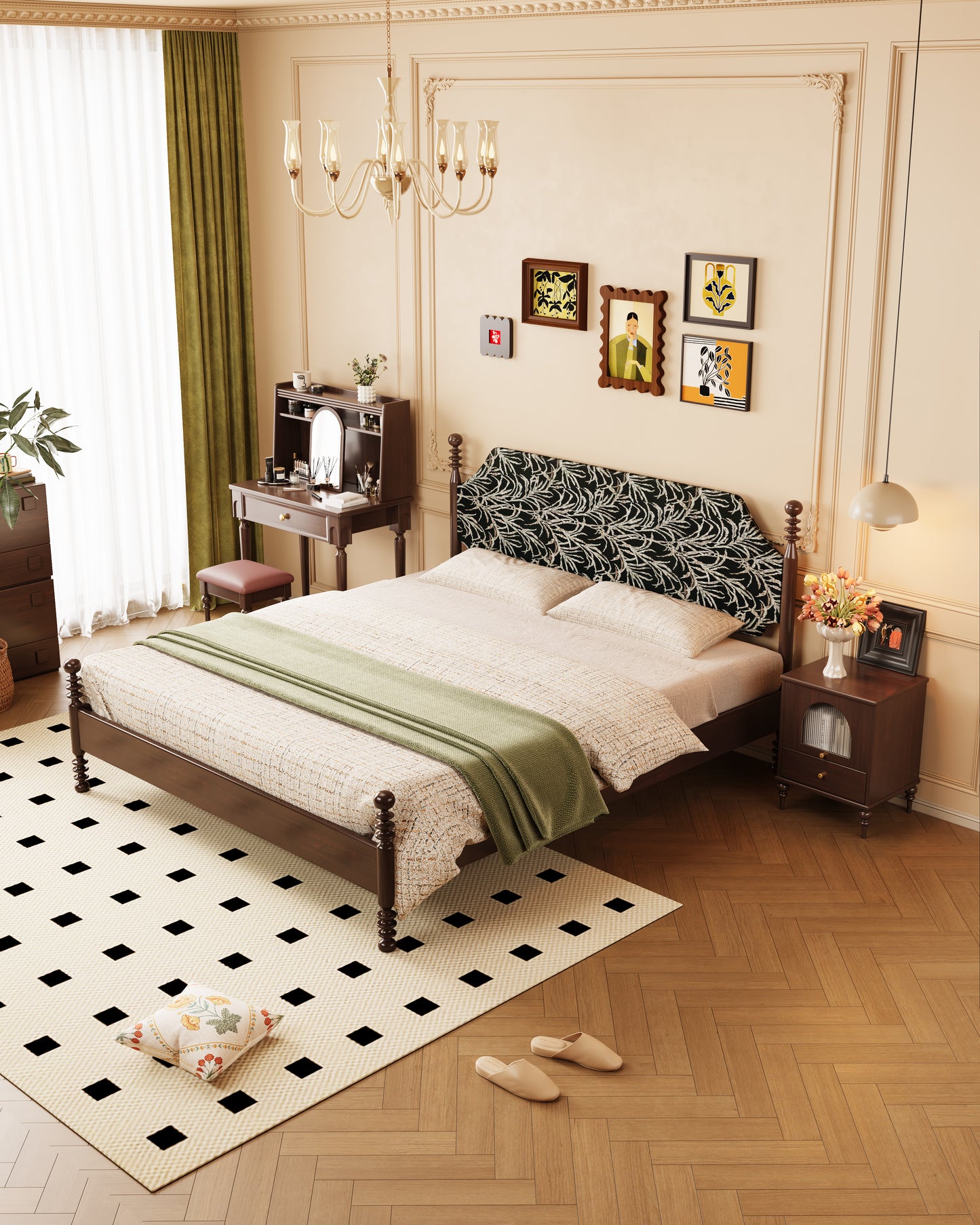 Mid-Century Rubberwood Bed -black