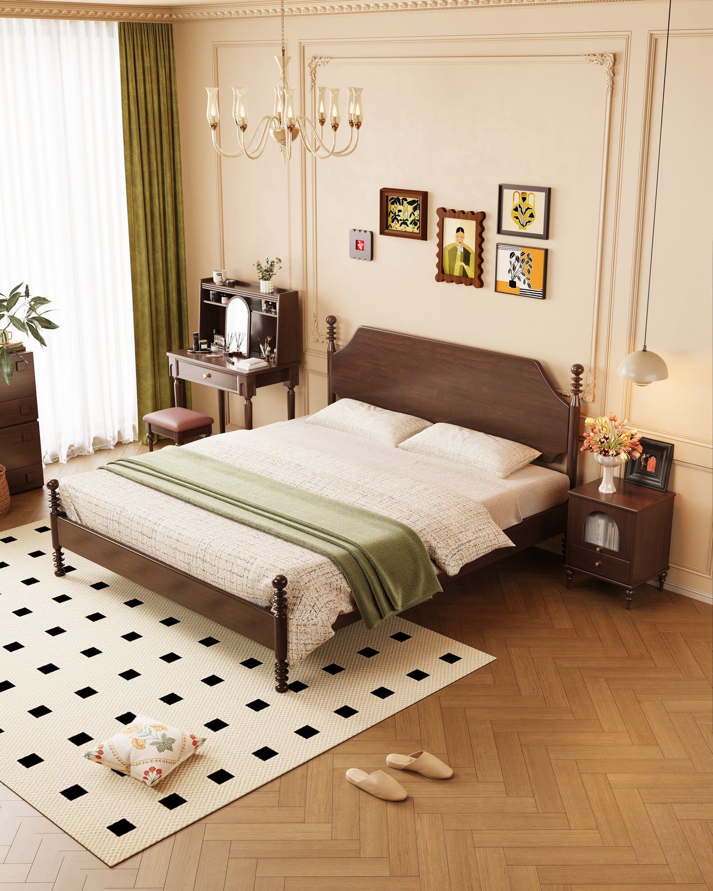 Mid-Century Rubberwood Bed – Brown / Black / Dark Walnut #301