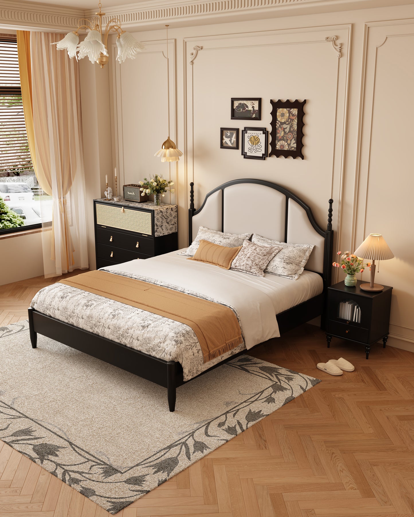 Mid-Century Modern Solid Wood Genuine Leather Bed