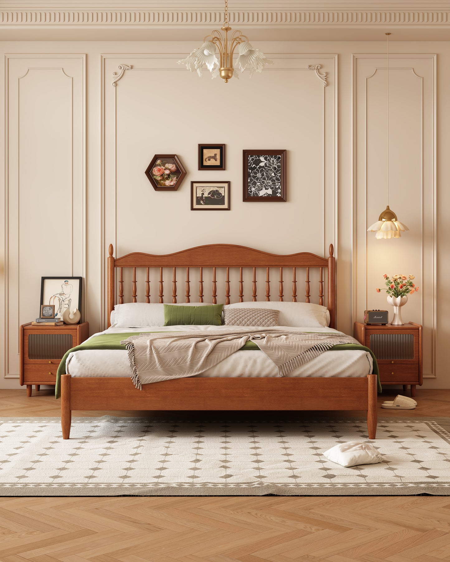 Mid-Century Modern Solid Wood Bed with Openwork Headboard